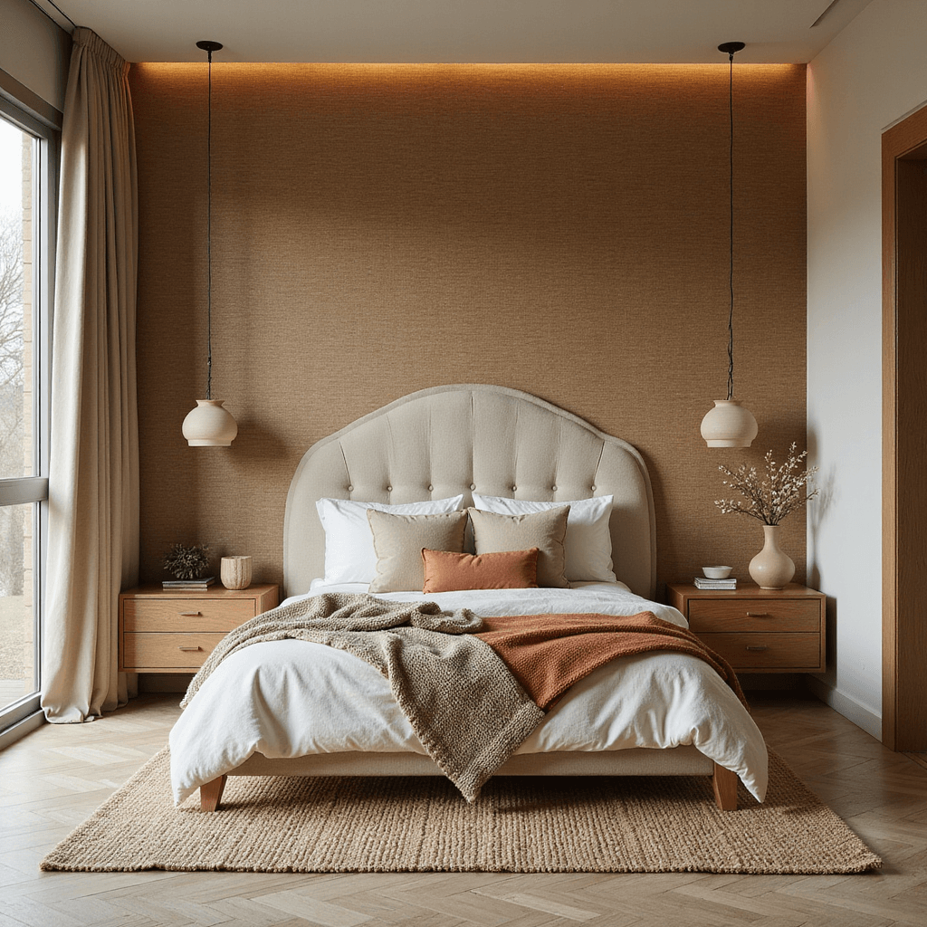 Organic modern primary bedroom featuring a curved bouclé upholstered headboard against a textured grasscloth wall, layered natural fiber rugs on a white oak herringbone floor, and handcrafted ceramic pendant lights above built-in oak nightstands, all bathed in warm afternoon light.