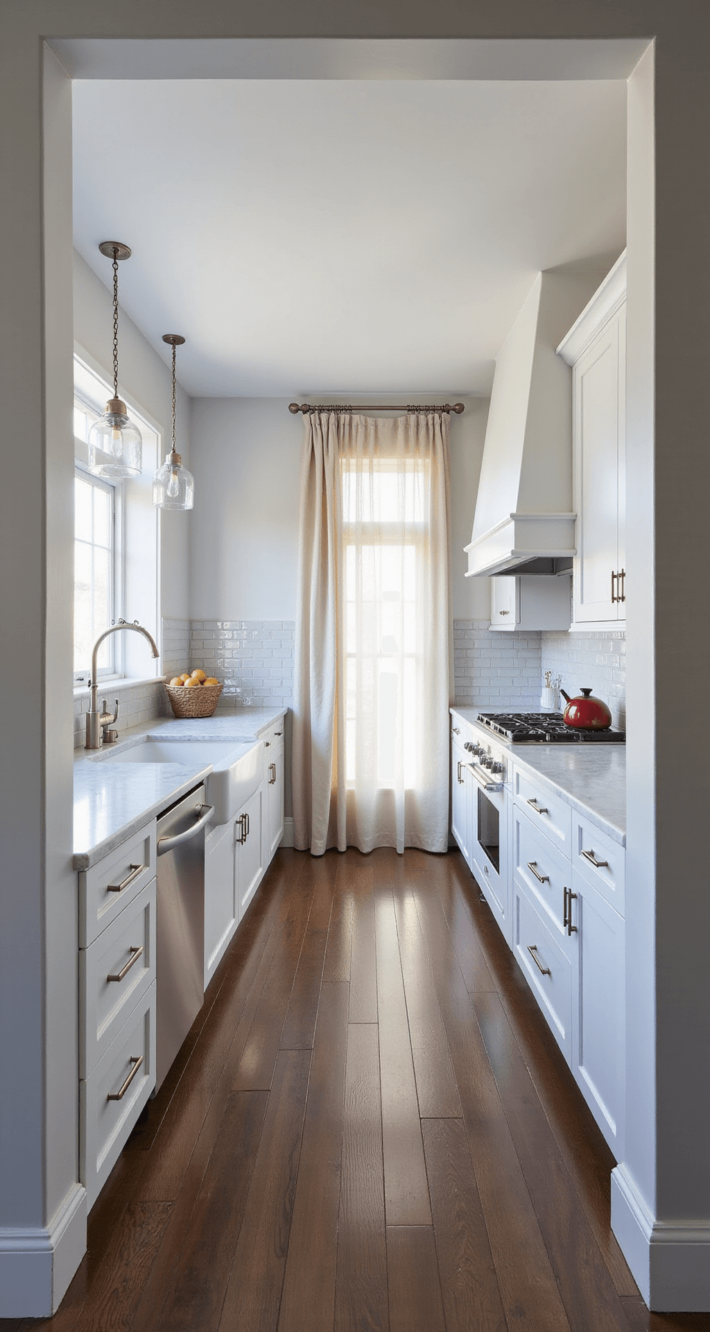 Modern white Shaker kitchen with marble island, dark oak flooring, and stainless appliances; early morning sunlight through sheer curtains highlights crisp white cabinets and brushed nickel hardware.