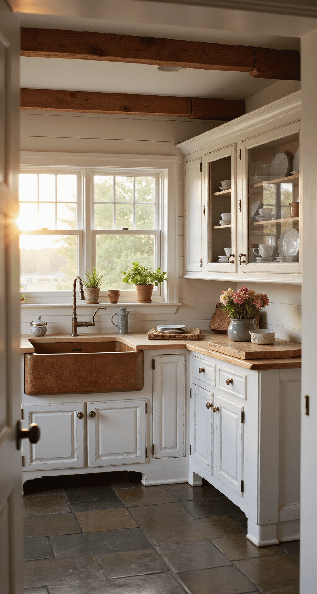 Farmhouse-style kitchen with distressed white cabinets, exposed wooden beams, and golden hour lighting through divided light windows, featuring glass-front upper cabinets, a weathered copper sink, and a butcher block island with fresh flowers, showcasing rustic charm and cozy atmosphere.