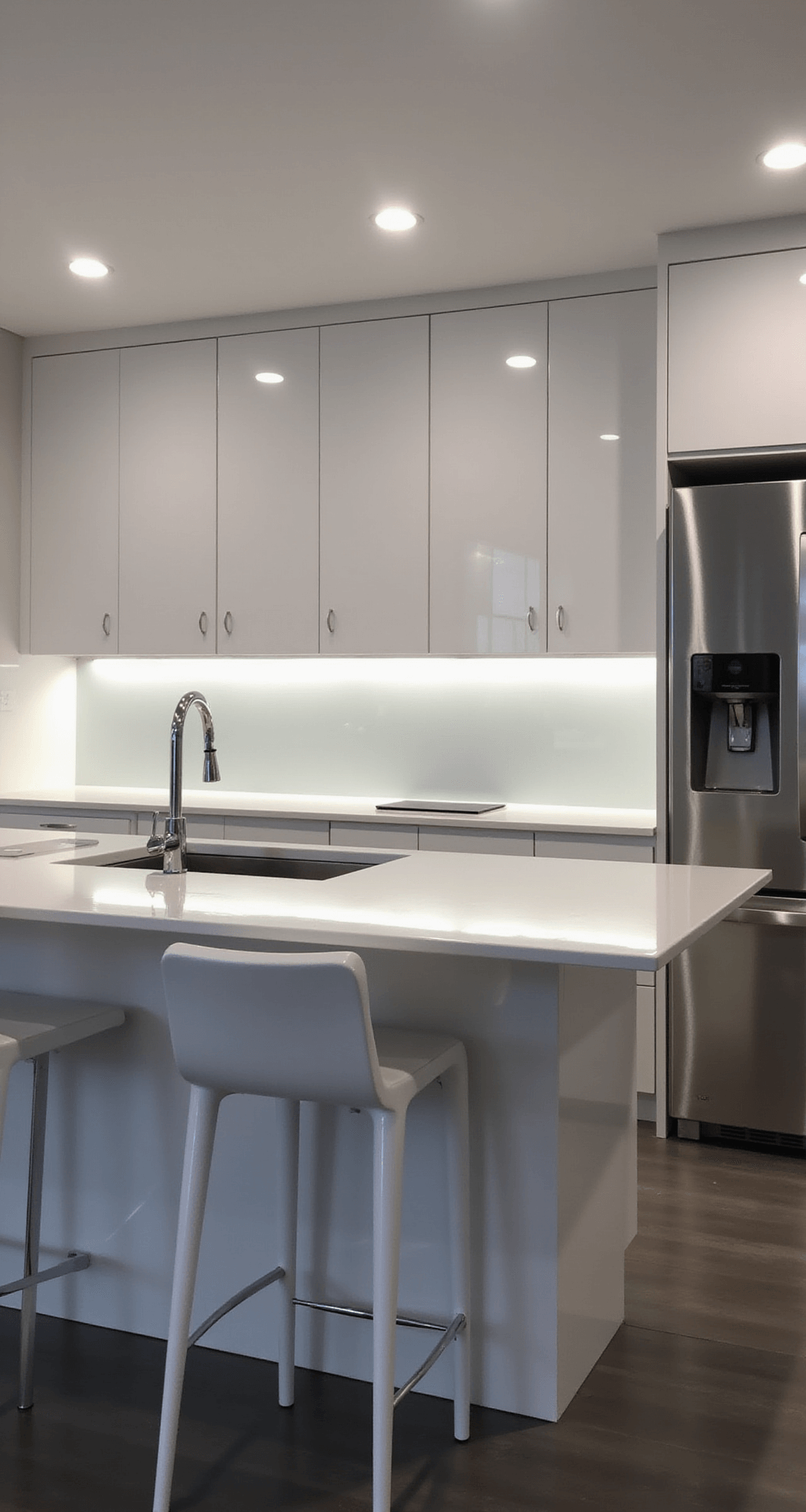 Aerial view of a contemporary glossy white kitchen at night, featuring an 18x16ft layout with a waterfall island. LED underlighting enhances the floor-to-ceiling handleless cabinets, stark white quartz countertops, and matching backsplash. Chrome fixtures gleam on pure white surfaces, while minimalist bar stools align along the island, emphasizing a sophisticated, ultra-modern, and dramatic mood.