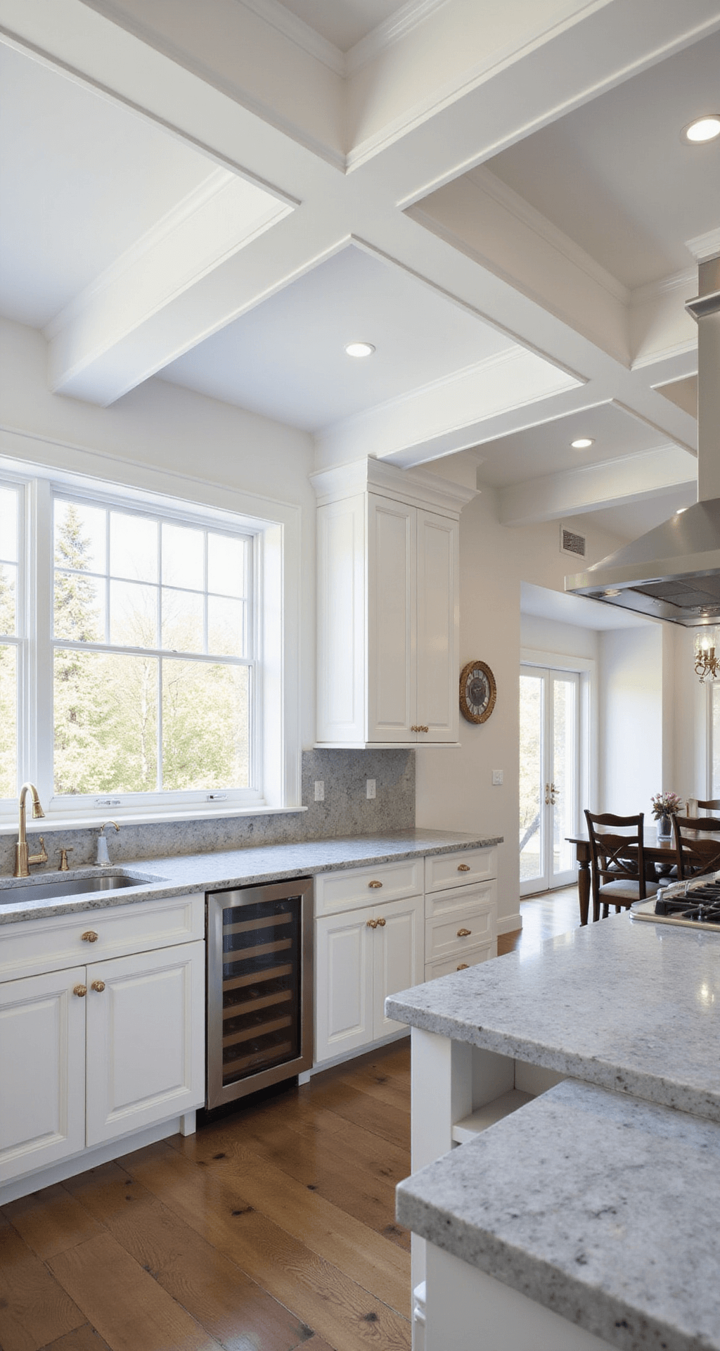Elegant transitional white kitchen with coffered ceiling, gold hardware, grey veined marble counters, herringbone marble backsplash, and professional range with custom hood. Mid-morning light from bay window enhances the refined and timeless atmosphere.