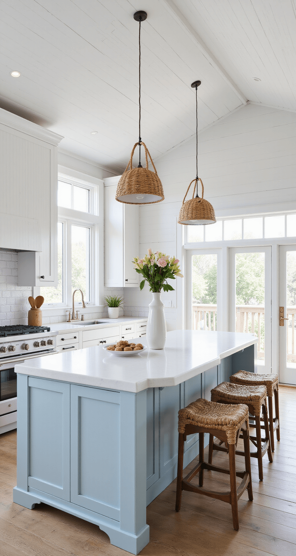 A bright and airy coastal kitchen with beadboard cabinets and glass knobs. A light blue island with a white quartz top is central, surrounded by rattan pendant lights and seagrass barstools. Large windows allow afternoon light to illuminate white plank walls and pale oak floors, enhancing the fresh, relaxed beachy atmosphere.