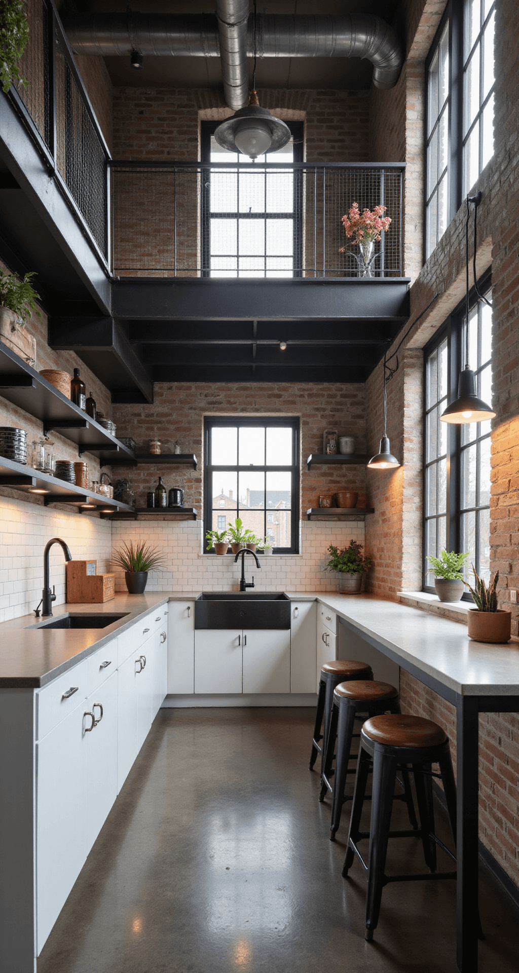 A spacious industrial-modern white kitchen with exposed ductwork, featuring sleek white cabinets and blackened steel shelving, concrete counters, white subway tiles with dark grout, and metal and leather barstools. The space is lit by vintage pendant lights and moody directional lighting, creating an urban, edgy atmosphere.