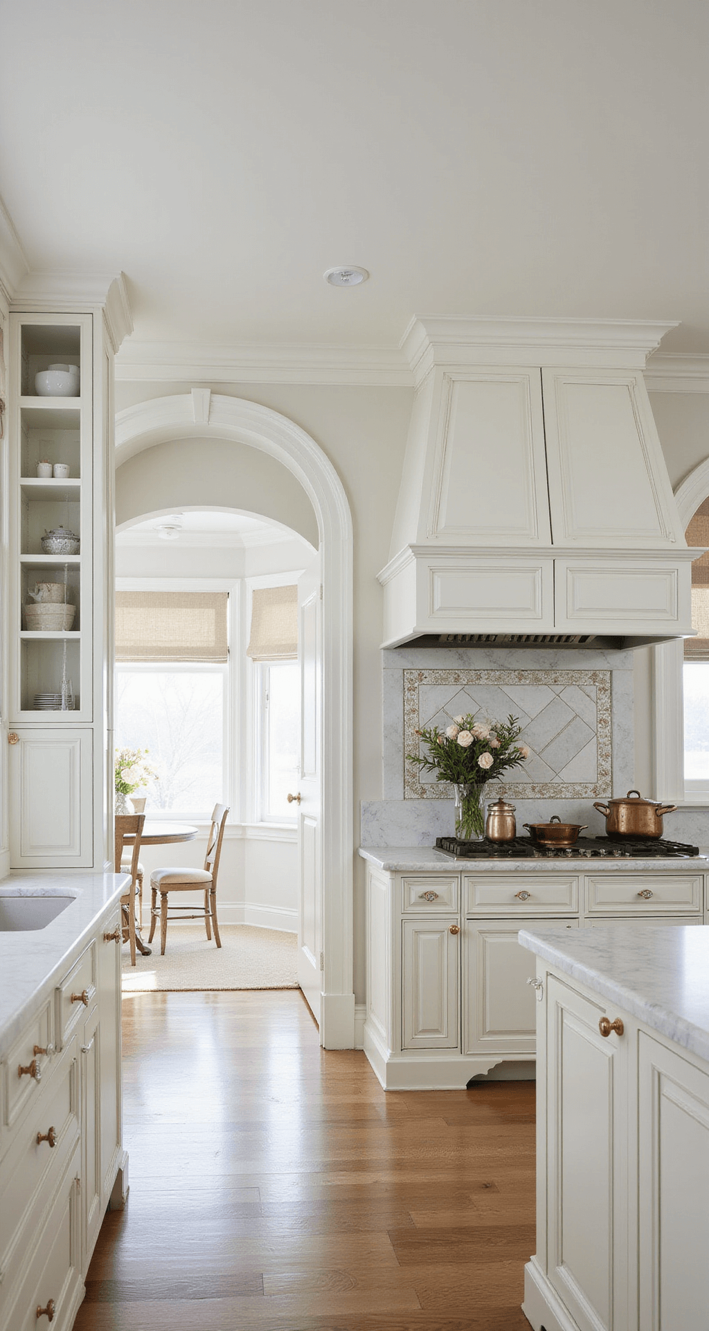 A luxurious, classic white kitchen featuring arched doorways, raised-panel cabinets with crystal knobs, Calacatta marble counters, a custom range alcove with decorative tiles, and antique brass fixtures. The space is adorned with fresh flowers, copper cookware, china cabinet built-ins, and is bathed in soft morning light through roman shades.