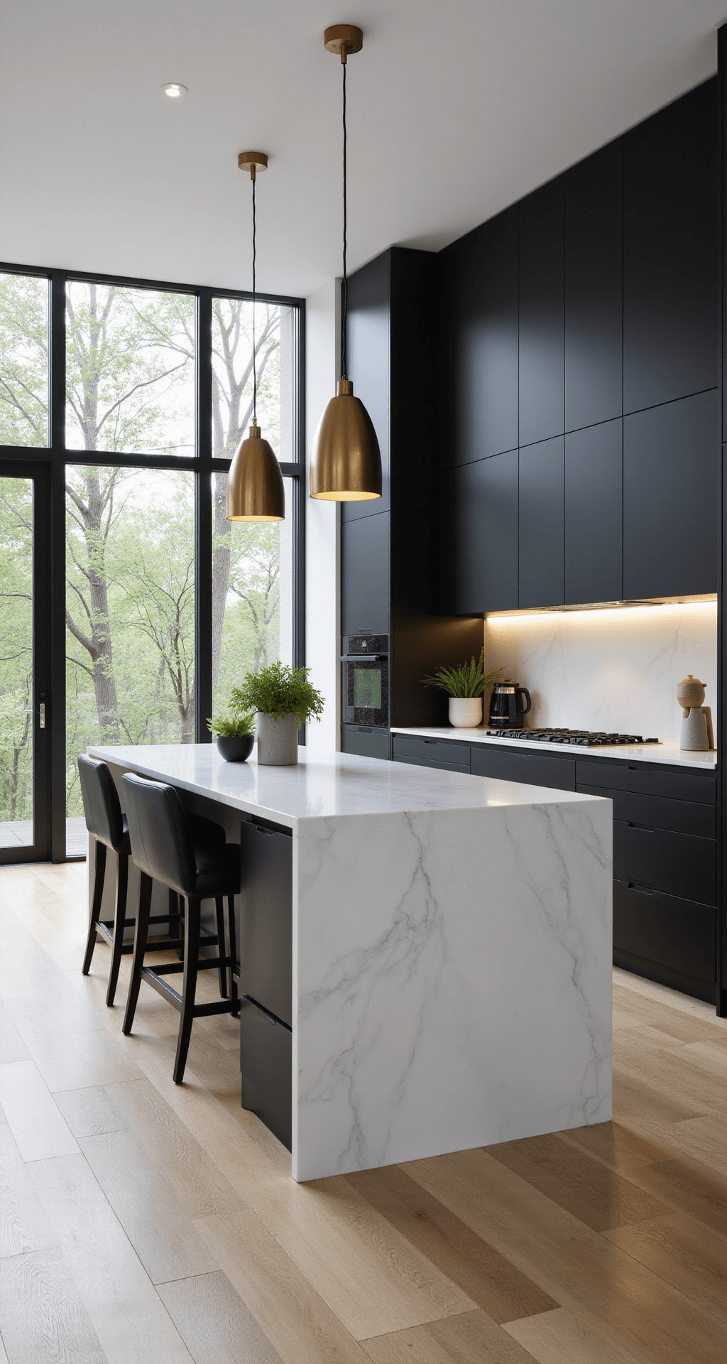 A modern kitchen with matte black handleless cabinets and a stark white quartz waterfall island, illuminated by natural morning light from floor-to-ceiling windows, accented by brass pendant lights and white oak flooring.