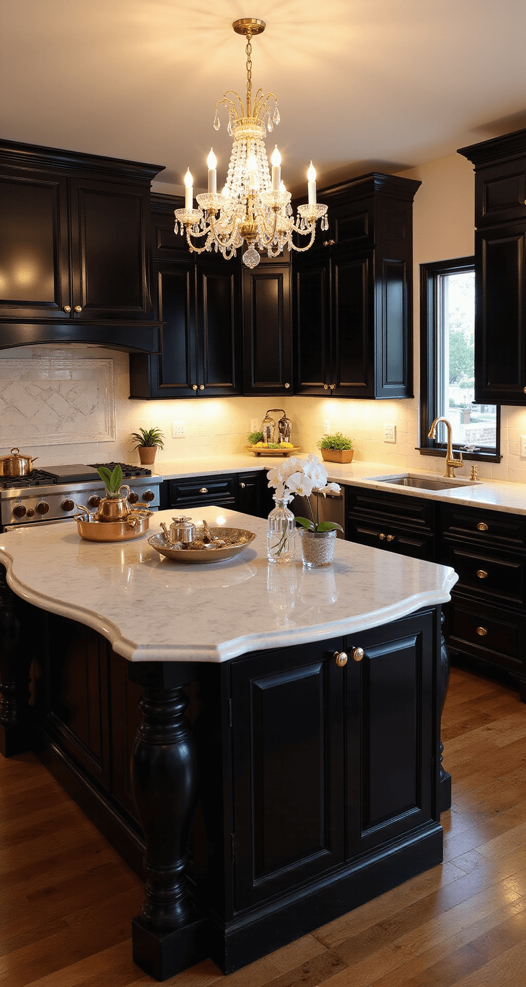 Luxurious black and brass-themed kitchen with high-gloss cabinets, Calacatta marble countertops, and elegant crystal chandelier, accented with copper cookware and white orchids, during golden hour.