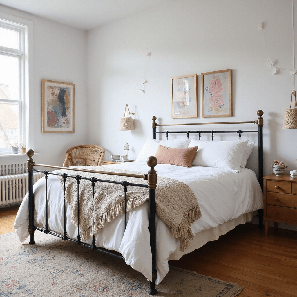 A modern 13x15ft bedroom featuring a matte black upcycled brass bed with white cotton bedding and vintage quilts, DIY abstract pastel paintings on the walls, IKEA drawer units as nightstands, a thrifted rattan chair in a reading nook, and string lights adding a whimsical touch, all illuminated by afternoon light.