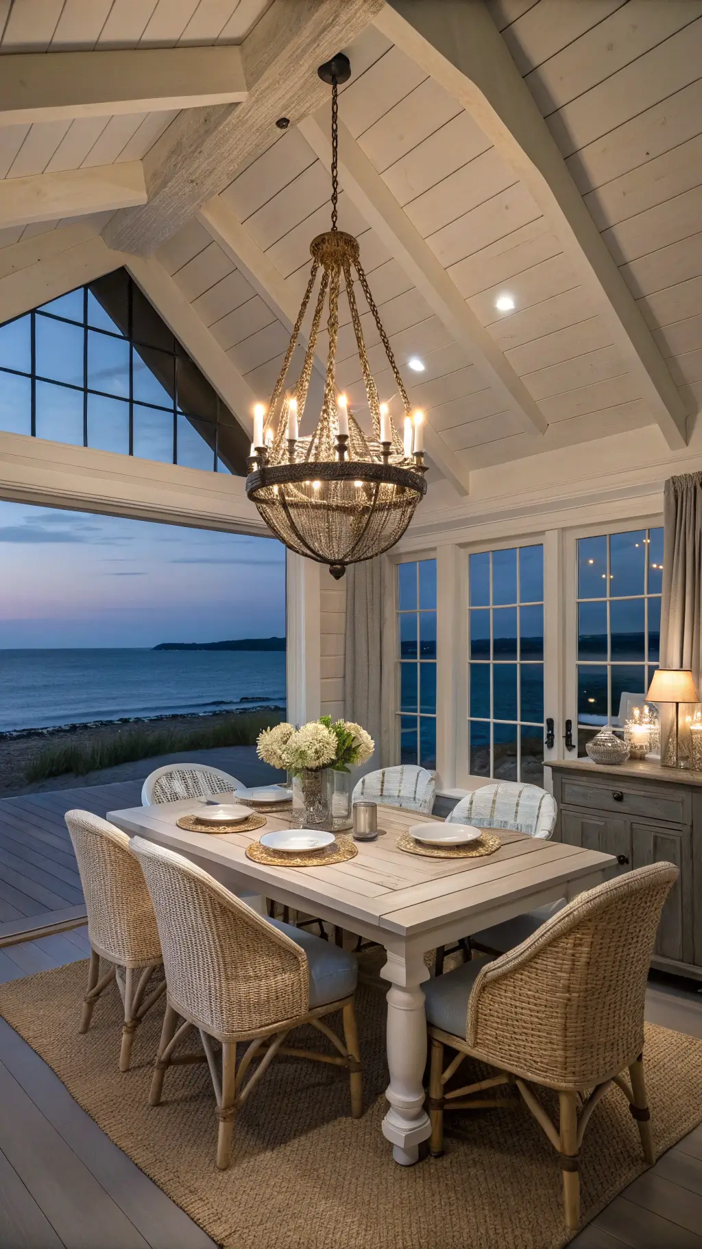Intimate coastal dining space at dusk with vaulted ceiling, featuring an antique whitewashed pine table, upholstered linen chairs, curved rattan seats, rope-wrapped chandelier, and nautical decor against 'Ocean Air' blue walls and grasscloth wallpaper.