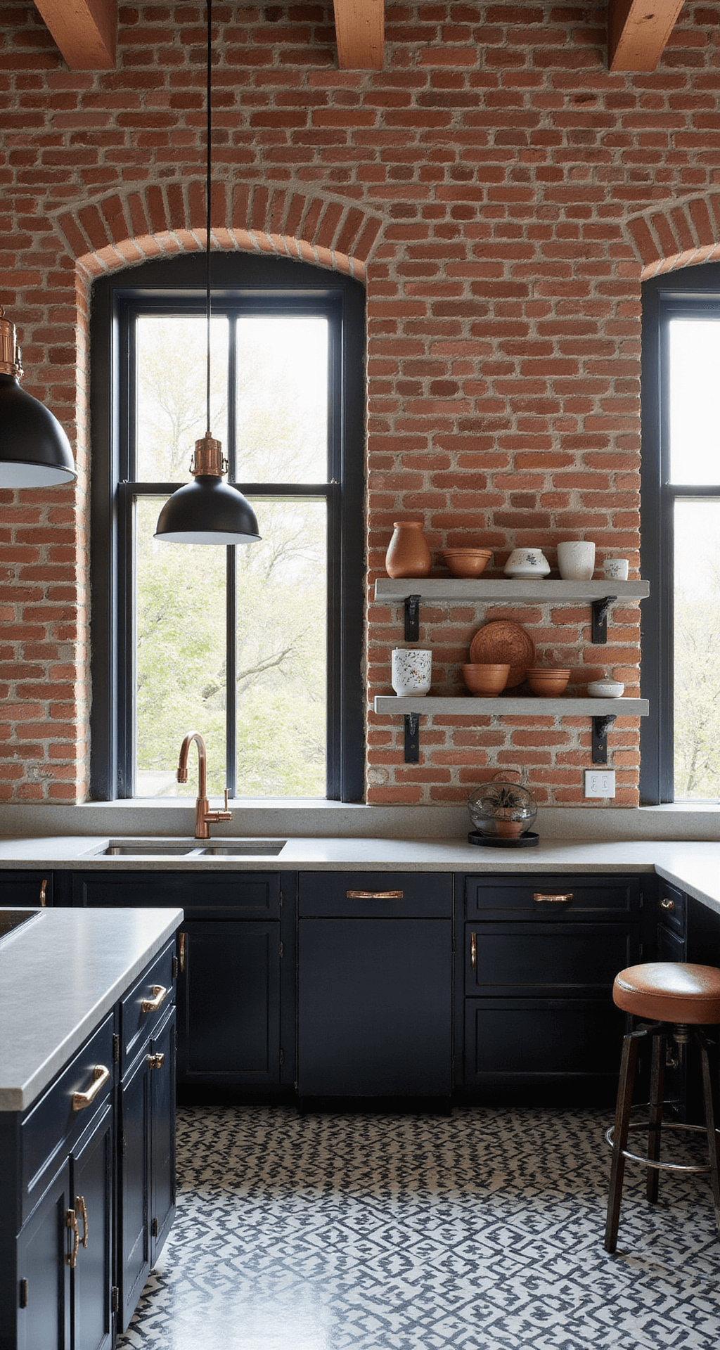 Industrial chic kitchen with exposed brick wall, black cabinets, concrete countertops, factory-style windows, copper pipe shelving, geometric black and white tiled floor, industrial pendant lights, stainless appliances, and leather bar stools.