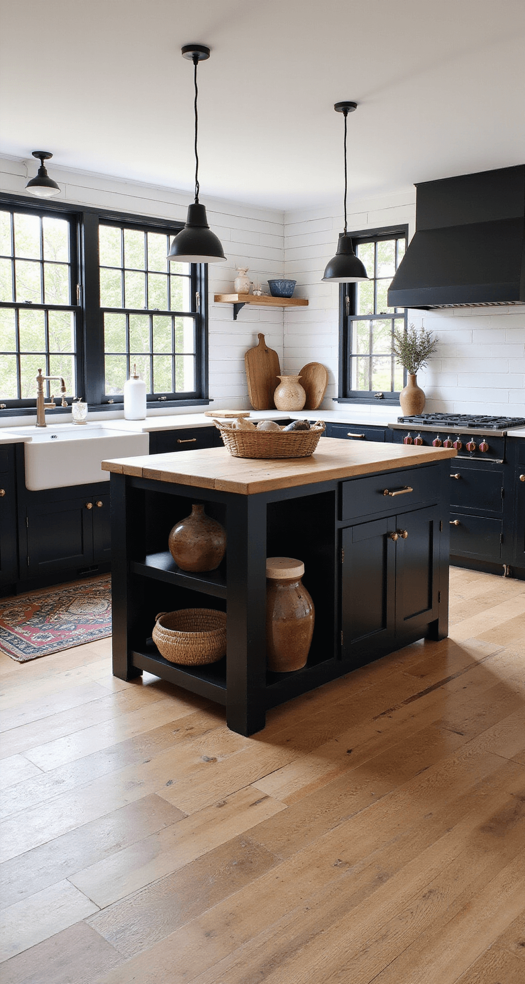 Contemporary farmhouse kitchen with black shaker cabinets, antique bronze pulls, butcher block island, and wide plank oak floors, highlighted by natural light and vintage pendant lighting.