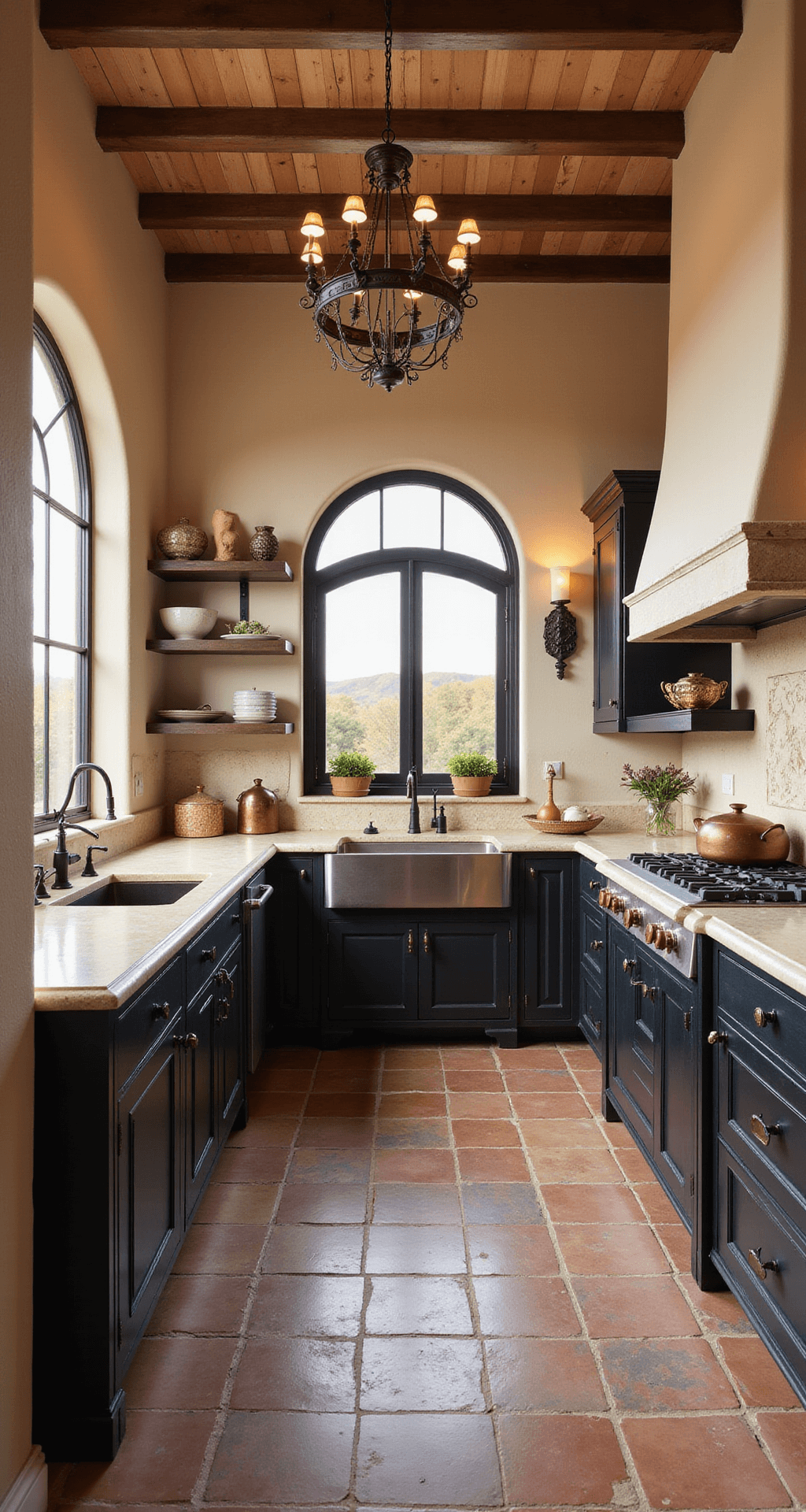 A Mediterranean fusion kitchen with terracotta floor tiles, plastered walls, black distressed cabinets, cream limestone counters, and a carved stone hood, featuring iron chandelier, copper sconces, olive branches, pottery, and vintage copper cookware, illuminated by a sunset glow through arched windows.