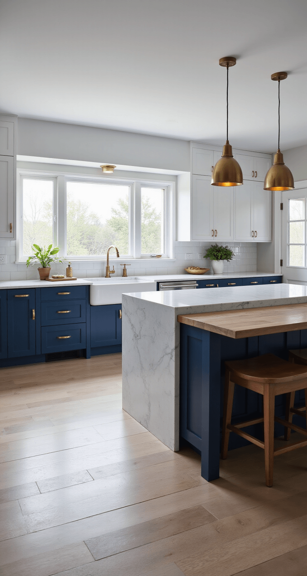 A modern kitchen with navy blue lower cabinets, white upper cabinets, and a cloud white quartz waterfall island, featuring brass pendant lights and wide plank white oak flooring, with natural light streaming through floor-to-ceiling windows.