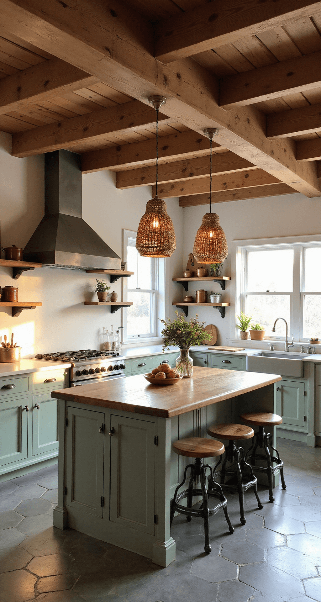 Farmhouse kitchen with exposed beams, sage green and cream cabinets, walnut island, pendant lights, hexagonal floor tiles, and vintage copper cookware.