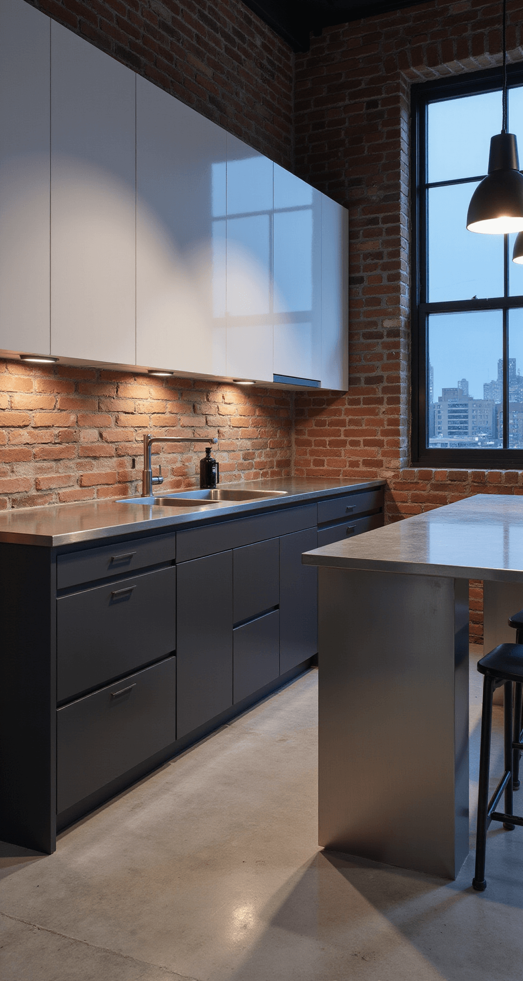 Industrial chic kitchen with exposed brick, charcoal gray and white glossy cabinets, stainless steel island, and blackened steel pendant lights in urban loft space. Polished concrete floors and accent lighting emphasize geometric patterns and minimalist styling.