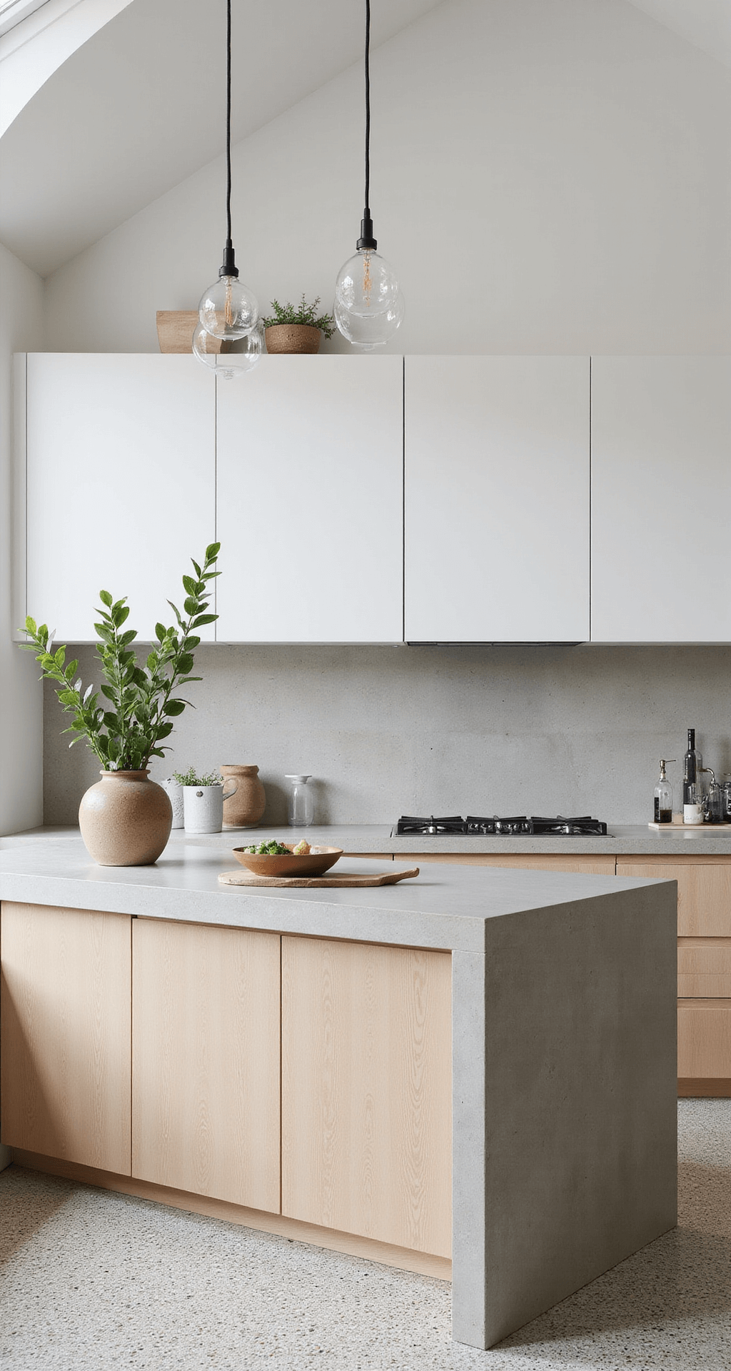 A contemporary Scandinavian kitchen with a vaulted ceiling, featuring light maple lower cabinets and matte white upper cabinets. A concrete island with waterfall edges stands central. Glass globe pendant lights hang above, with terrazzo flooring. The photo is shot straight-on, highlighting symmetry, dominated by natural light and minimal styling, with select ceramics and greenery.