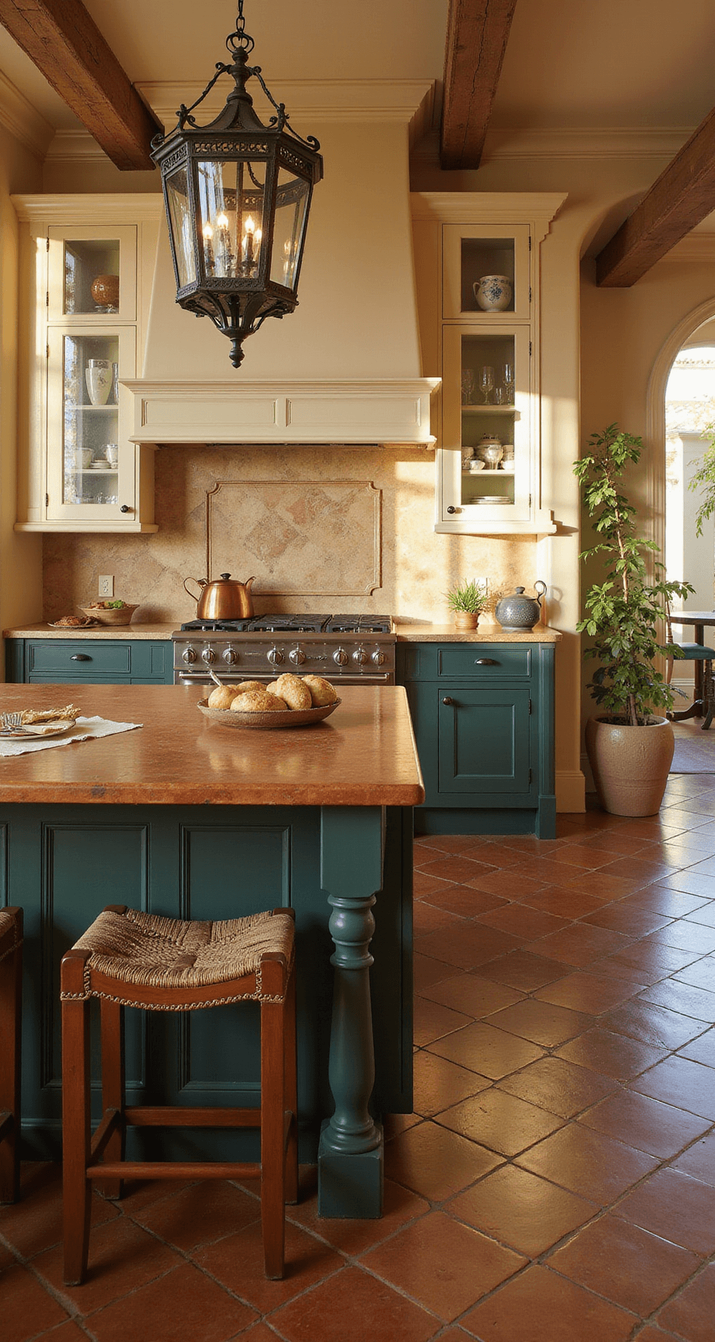 Mediterranean-inspired kitchen with forest green and ivory cabinets, terracotta tile floor, mahogany island, and iron lantern pendants casting shadows, viewed diagonally in warm lighting.