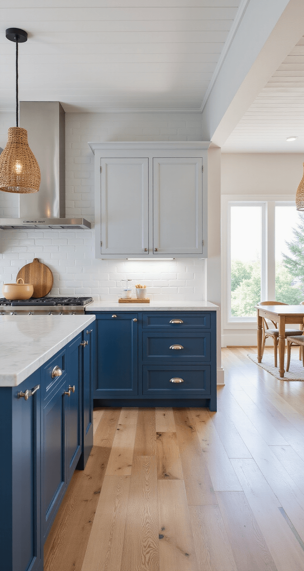 Coastal modern kitchen with shiplap ceiling, deep blue lower cabinets, soft gray upper cabinets in satin finish, marble-topped white oak island, rattan pendant lights, wide plank bleached oak flooring, and natural morning light.