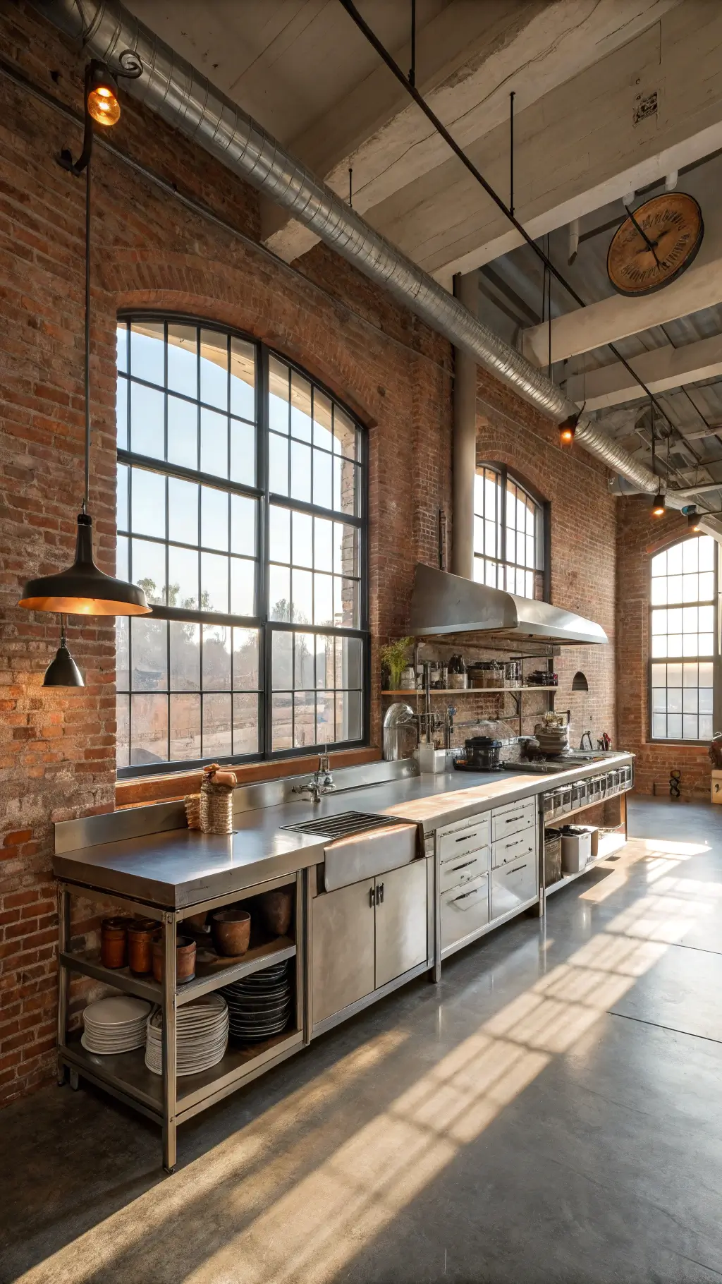 Spacious industrial kitchen with exposed brick and concrete ceilings, featuring a stainless steel island and visible steel ductwork, illuminated by natural morning light and pendant lighting.