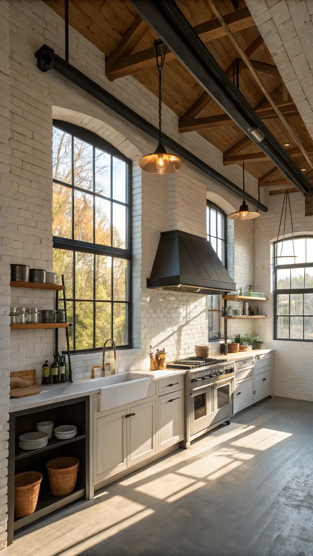 Sunlit loft kitchen with steel windows and timber beams, featuring a black steel hood, brick walls, industrial shelving, and pendant lights.