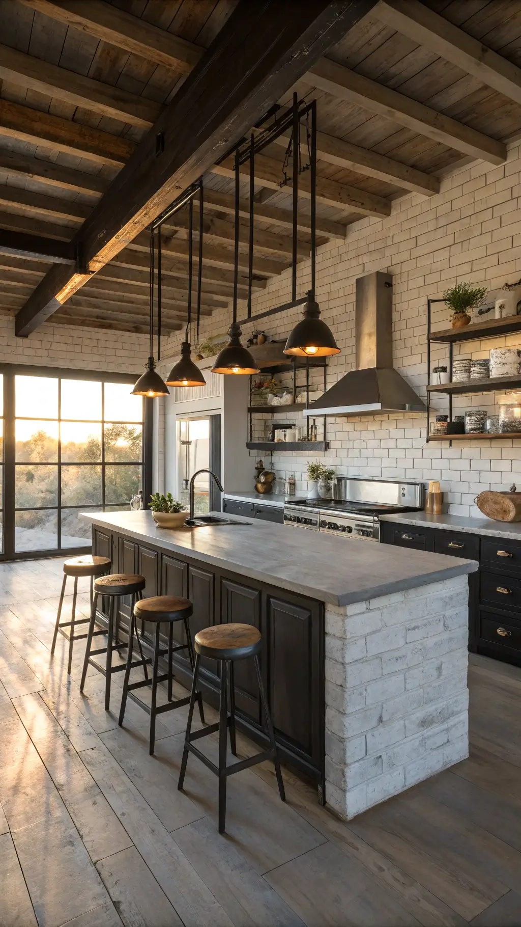 Corner-view of an industrial farmhouse kitchen with a zinc-topped island, blackened steel shelves on whitewashed brick, vintage pendants, and reclaimed wood features during golden hour.