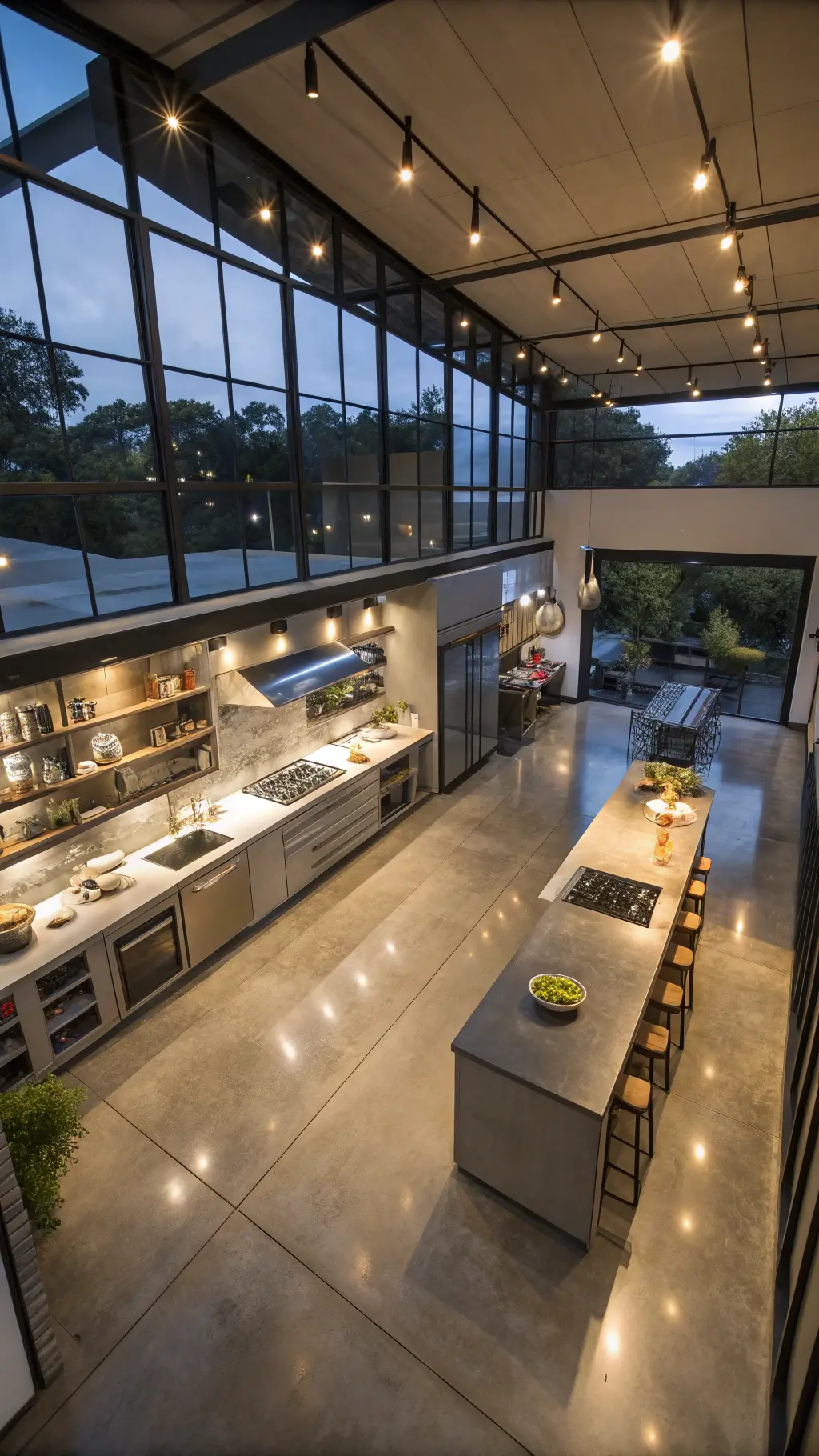 Overhead view of a professional-grade home kitchen with polished concrete floors, double islands, and metro shelving displaying cookware; cool-toned lighting highlights geometric patterns and metallic surfaces.