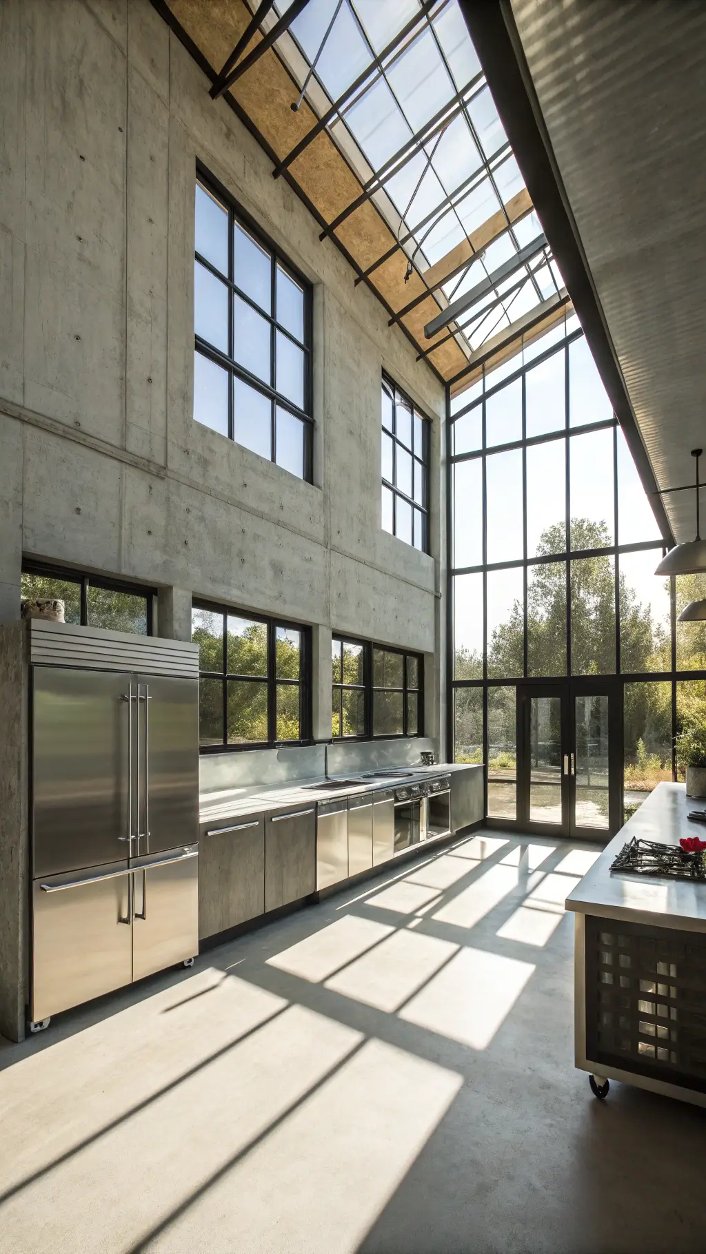 Sunlit industrial kitchen with high ceilings and concrete walls, featuring steel-framed windows, floating stainless steel prep stations, and a glass-front refrigeration wall. Morning light casts diagonal shadows, emphasizing the monochromatic palette and brushed metal accents.