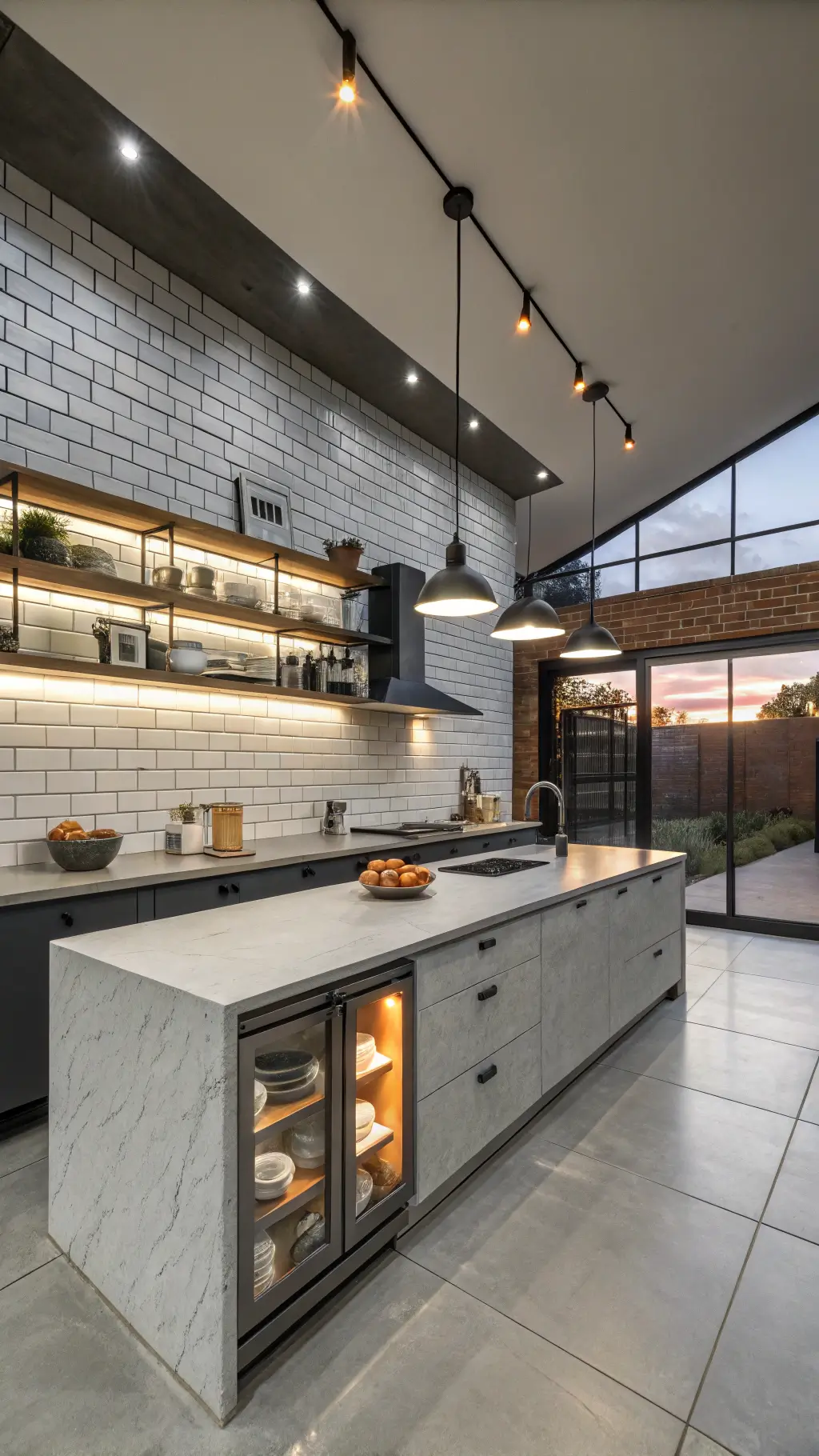 Twilight view of a modern industrial kitchen with exposed charcoal grey brick, white subway tile, a large cantilevered concrete island with LED lights, floating steel shelves, and copper accents.