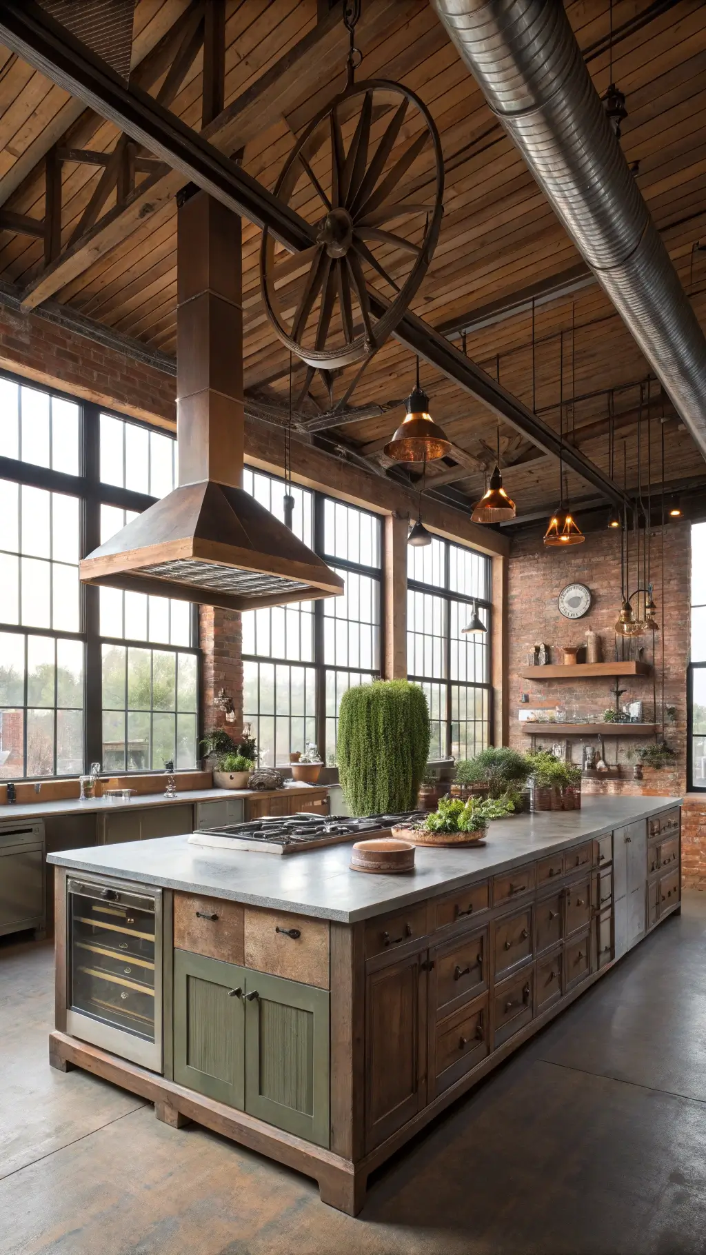 Industrial-chic kitchen with restored timber ceiling, original pulleys, and large zinc-topped island featuring an herb garden. Bathed in morning light, it showcases a professional range wall with a copper hood, blending zinc, copper, steel, and reclaimed wood elements.