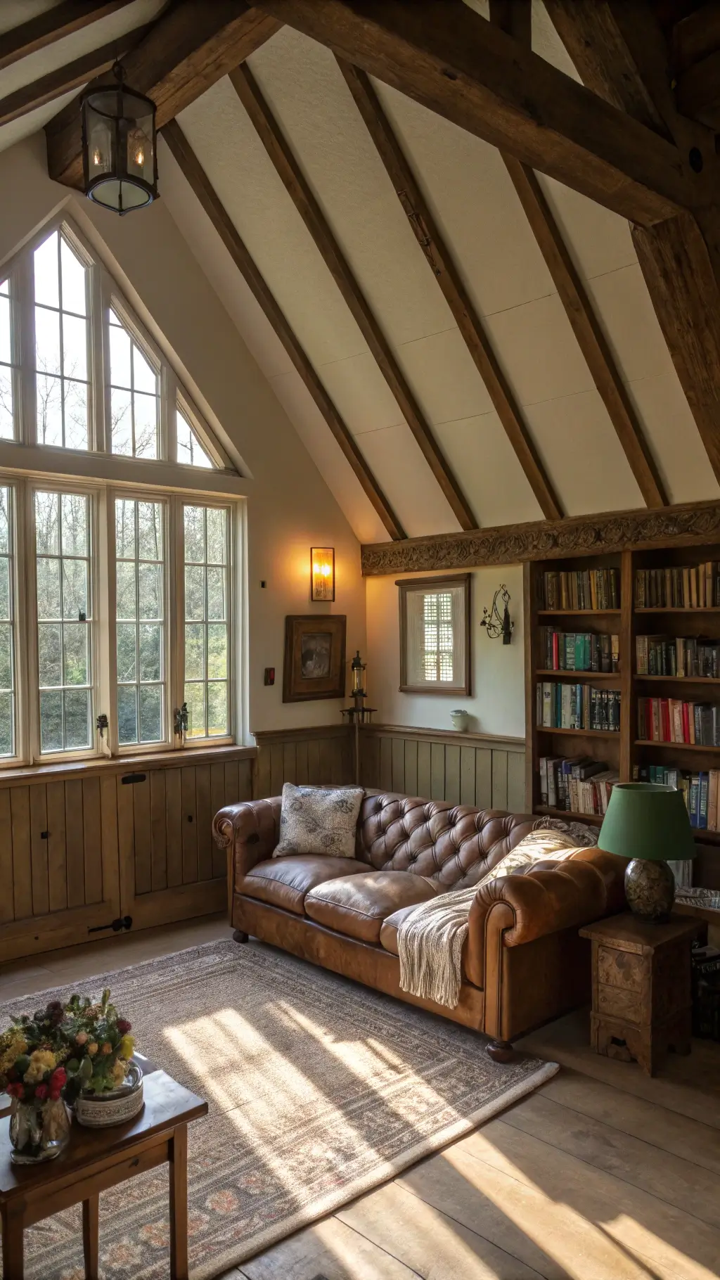 A cozy 14x16ft cottage living room with exposed oak beams and a steep cathedral ceiling, featuring a weathered leather Chesterfield sofa with cream and sage chunky knit throws, Swiss Coffee walls with beadboard wainscoting, and a built-in window seat with linen cushions surrounded by floor-to-ceiling bookshelves, bathed in late afternoon sunlight, creating a warm and lived-in atmosphere.