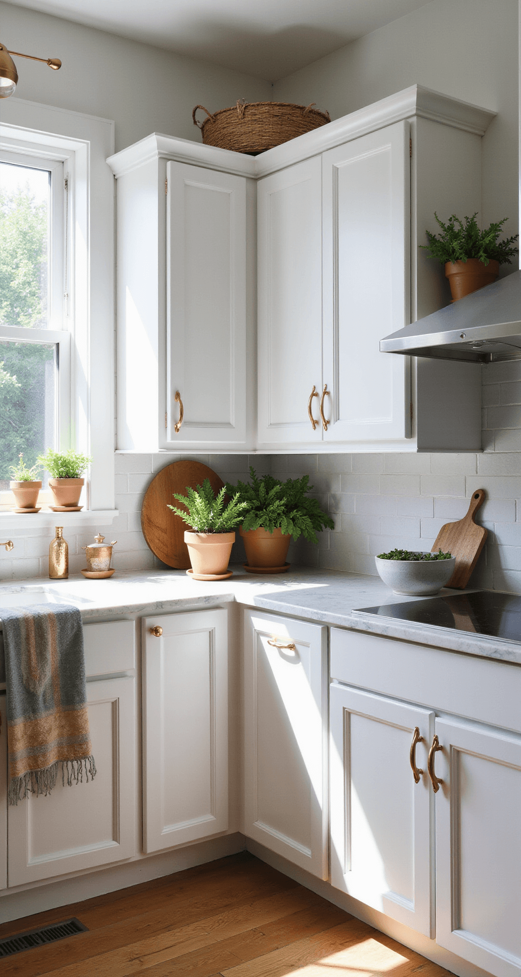 A bright and airy contemporary kitchen with white Shaker-style cabinets, brushed gold hardware, marble countertops, and morning light streaming through large windows.