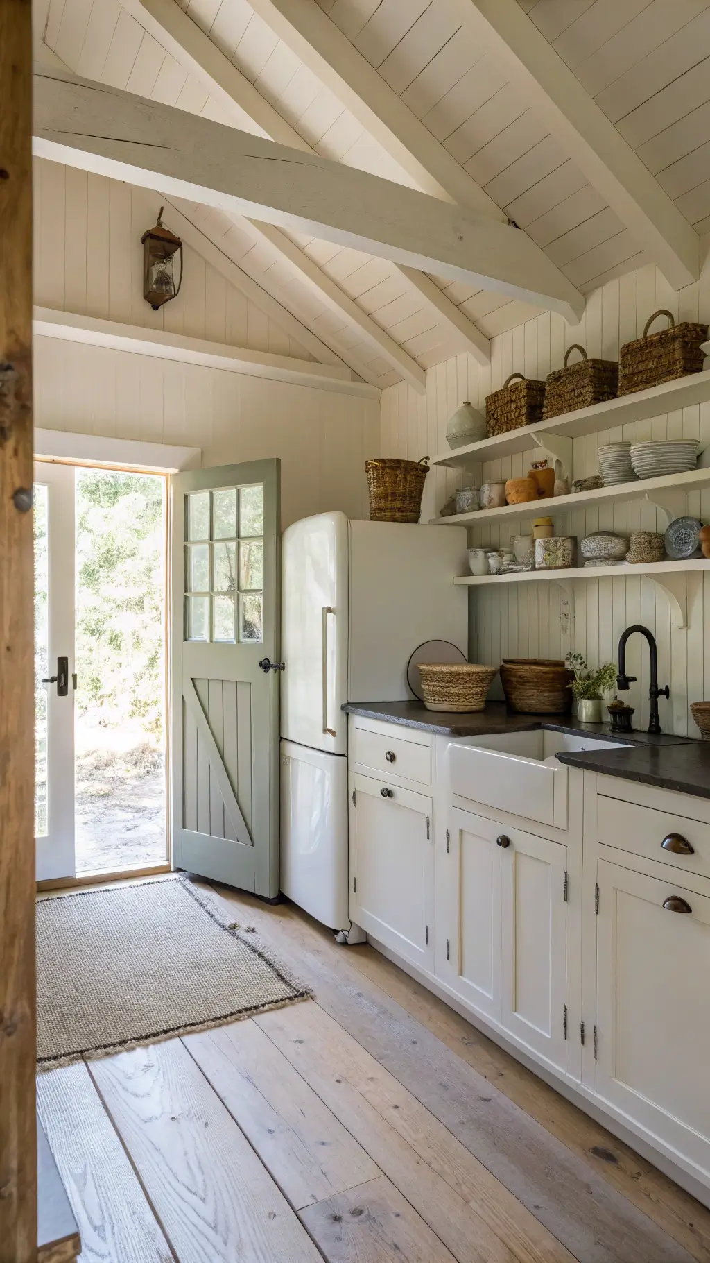 Charming cottage kitchen with white shaker cabinets, soapstone counters, vintage cream SMEG fridge, open shelving with ironstone pitchers and baskets, exposed wood beams, and soft sage runner on oak floors, illuminated by morning light through a Dutch door.