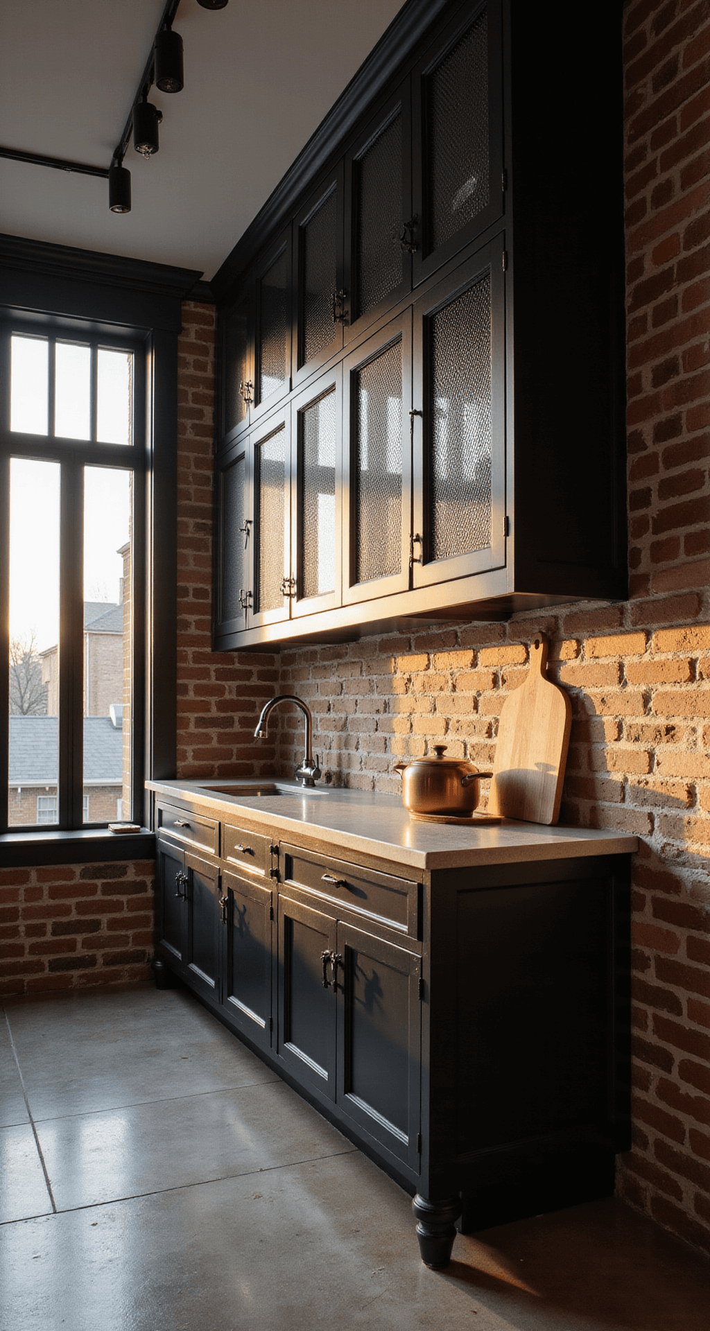 Modern industrial-style kitchen with black cabinets against exposed brick walls, highlighted by golden hour light; features concrete countertops, metallic mesh inserts, and copper cookware.