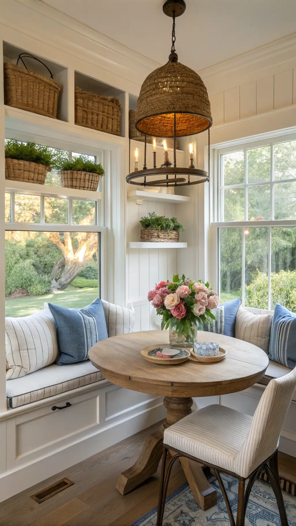A cozy breakfast nook with window-lined walls, featuring built-in bench seating with cream linen cushions and blue ticking stripe pillows, centered around a distressed round oak table. An antique brass pendant light hangs above. Woven baskets are displayed on floating shelves, and window boxes filled with pink roses are visible outside. The scene is bathed in warm golden hour lighting with backlighting from the windows, creating an intimate, garden-connected atmosphere.