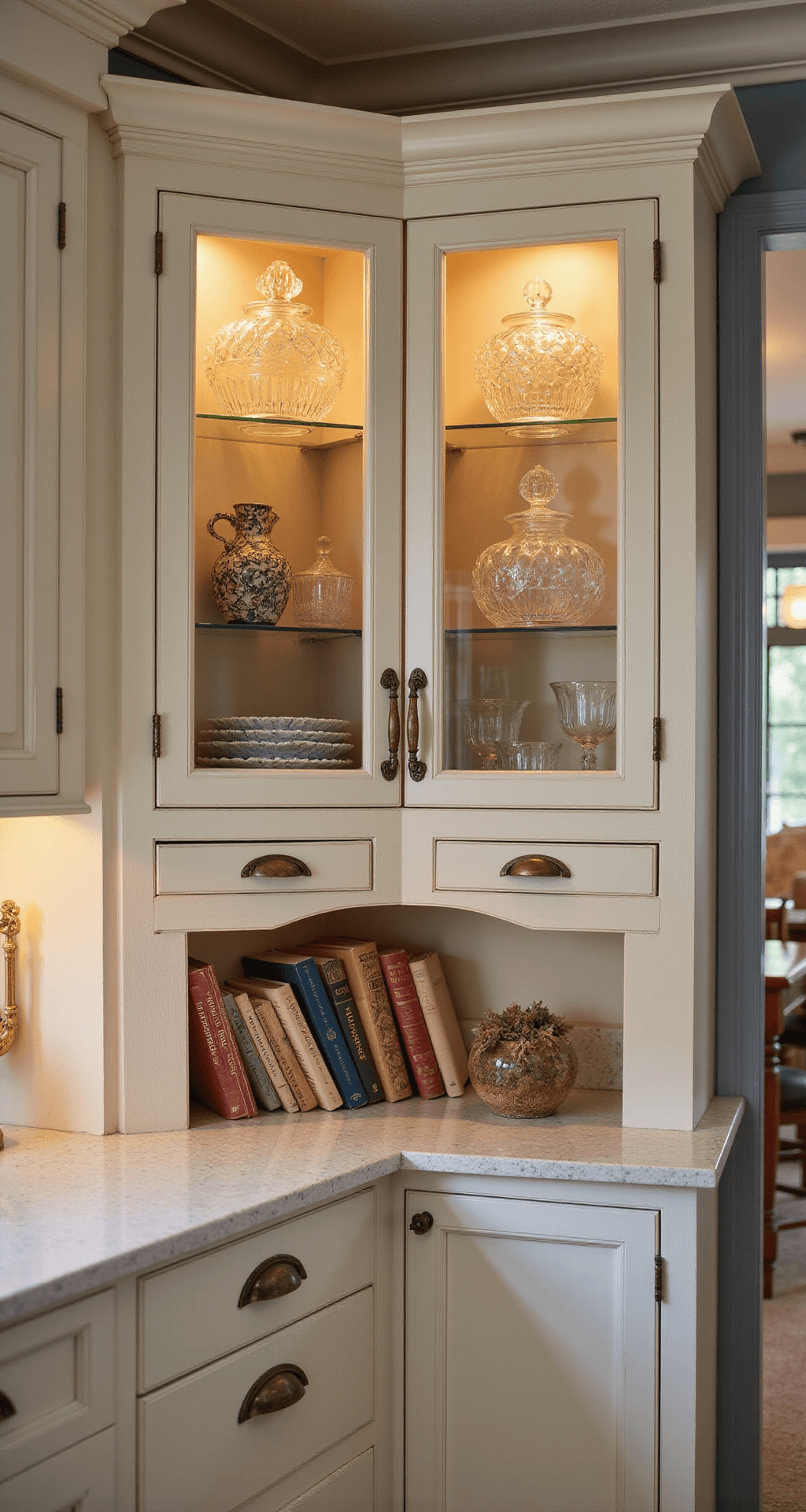 Close-up of a cabinet corner with glass-front doors and interior lighting showcasing vintage china, crystal decanters, and cookbooks; features cream cabinets, brass hardware, and intricate crown molding in warm evening light.