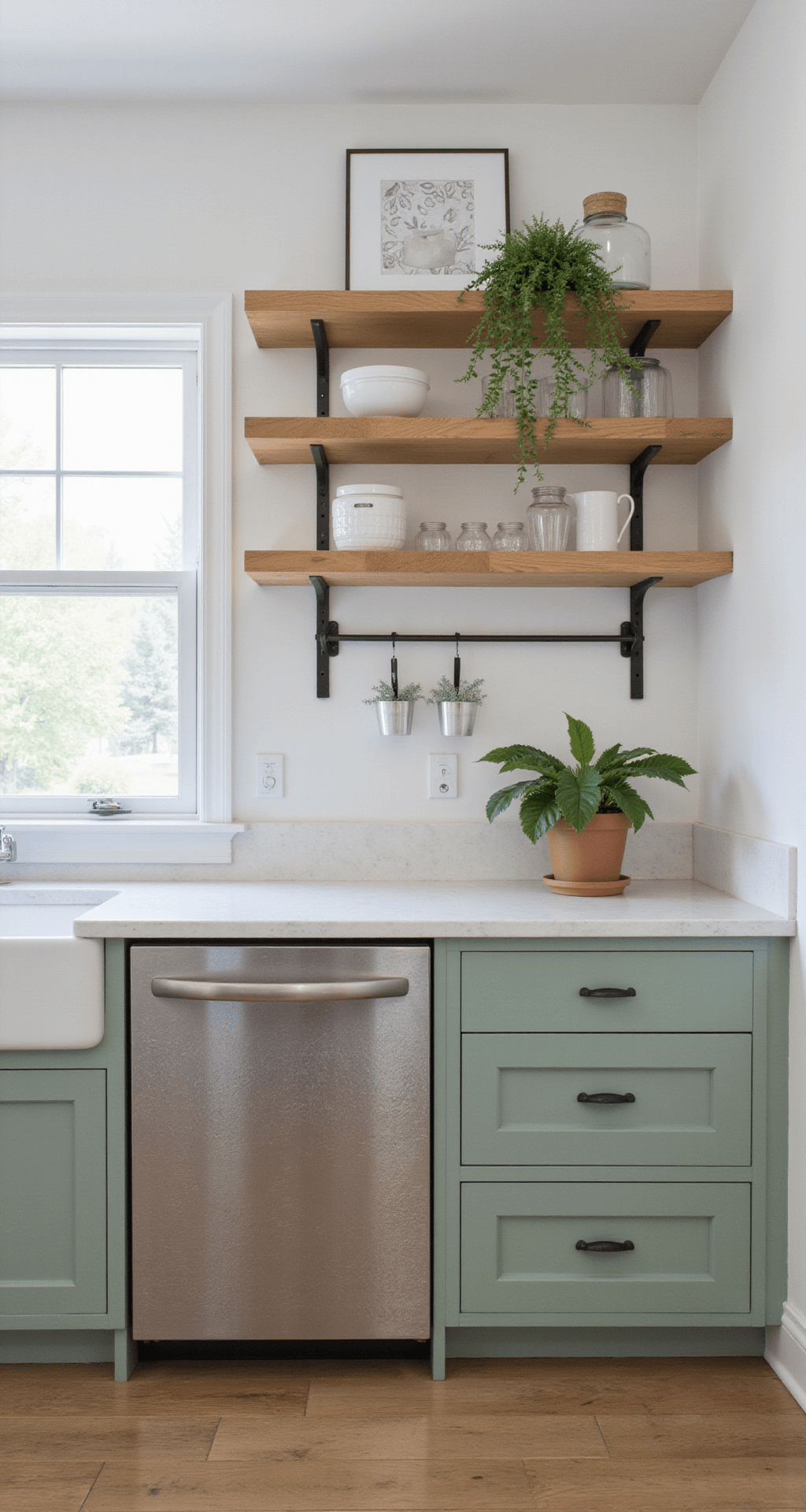 A bright, modern kitchen with open shelving, sage green lower cabinets, and trailing plants. The lower cabinets have a metallic overlay pattern, and the shelves display white ceramics and glass containers. Natural daylight and soft fill lighting enhance the space.