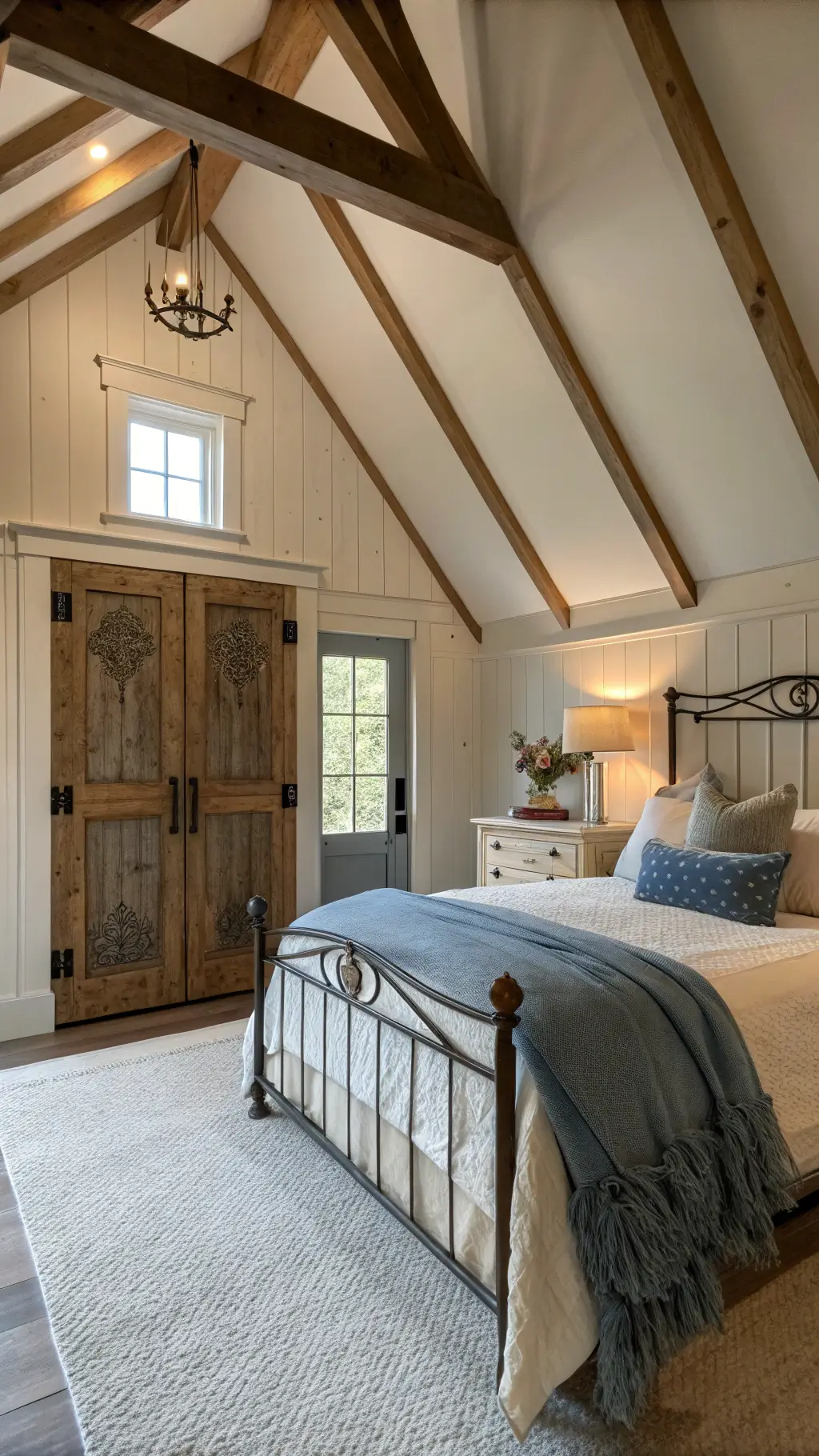A serene primary bedroom with a dramatic gabled ceiling and exposed beams; board-and-batten walls in warm white leading to a 14ft peak; a vintage French armoire in weathered oak on the far wall; an iron bed with a soft cream linen duvet and a muted blue chunky knit throw; dawn light filters through dormers.