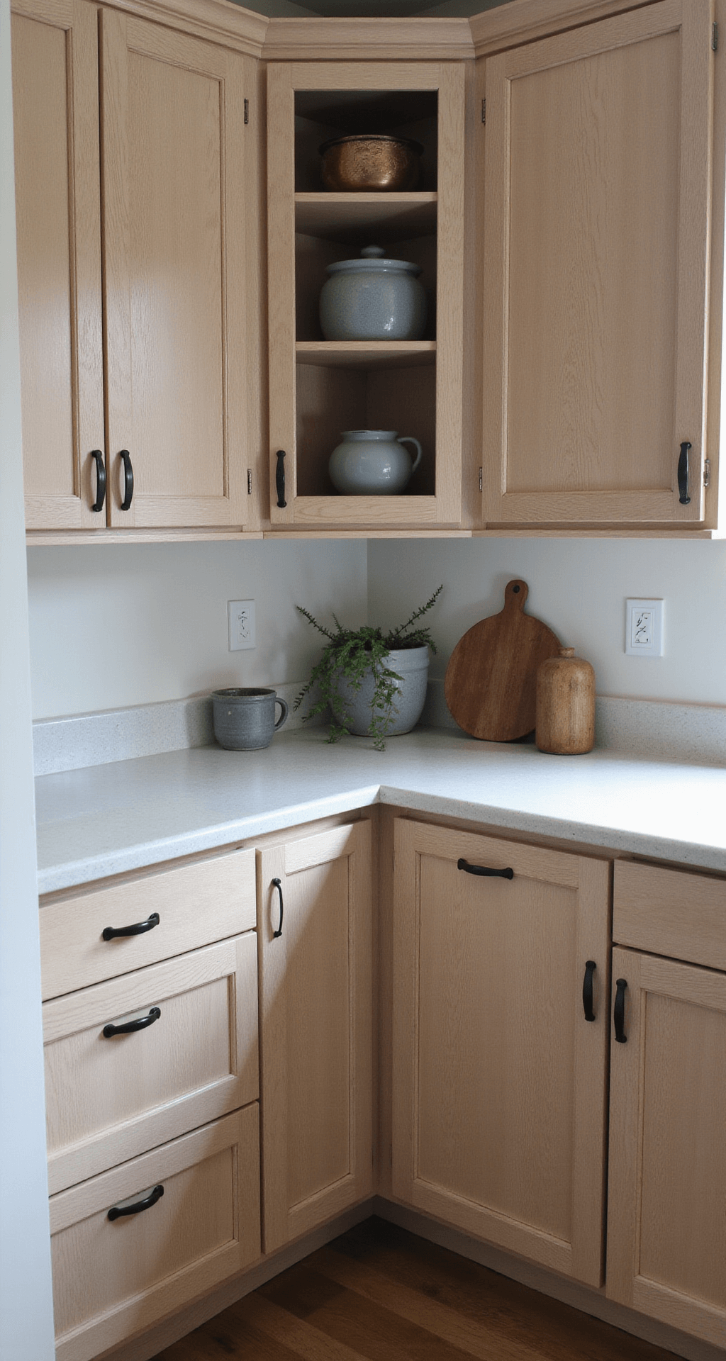 Corner detail of professionally refaced DIY cabinets in mid-morning light, highlighting wood veneer texture with custom panels, upgraded hardware, and seamless transitions; styled with minimal decor in cool grays and warm woods.