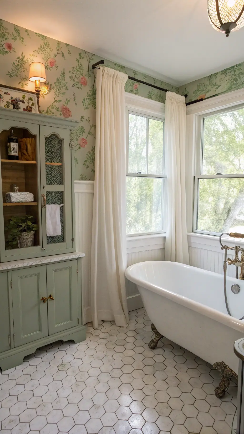A cozy 6x8ft cottage bathroom featuring heated marble hex tile floors, sage green beadboard wainscoting, vintage floral wallpaper, a clawfoot tub with linen shower curtain, antique brass fixtures, and a glass-door cabinet; softly lit by morning light through a frosted window.