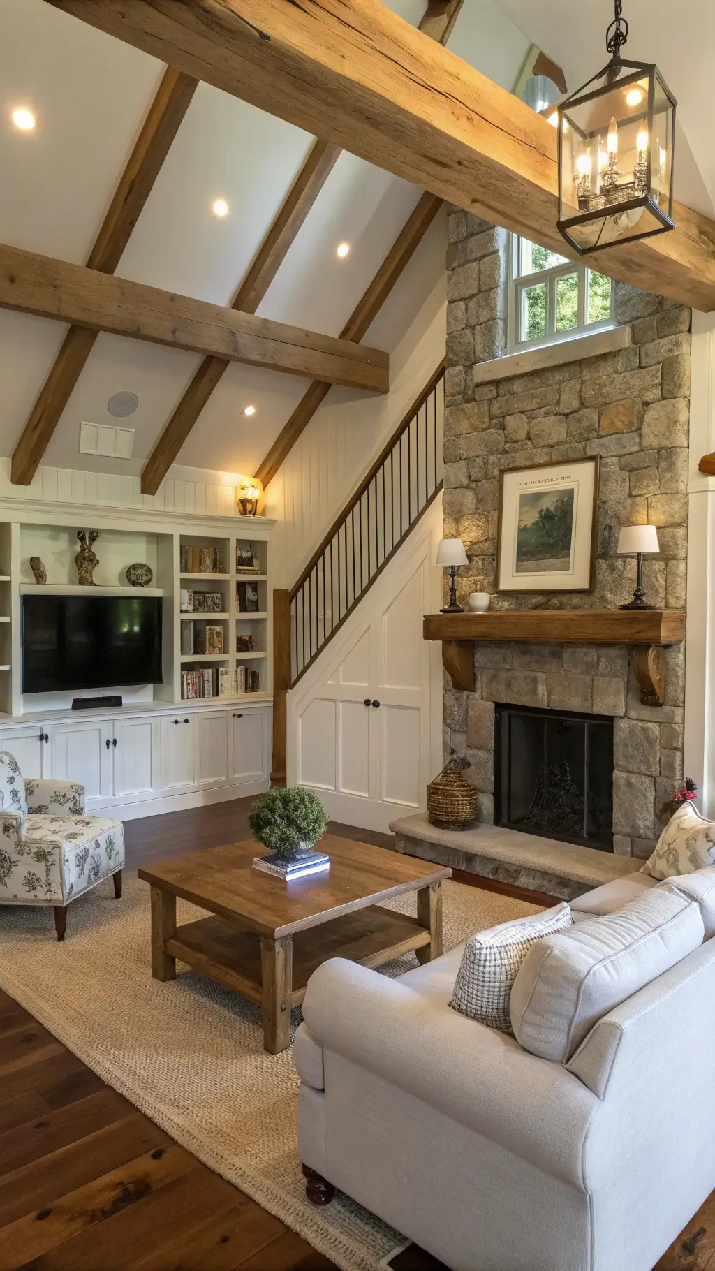 Open-concept cottage living space with under-stair storage built-ins in Swiss Coffee, exposed beam ceiling, distressed wood coffee table, linen slipcovered chairs, stone fireplace with brass screen, and warm late afternoon light.