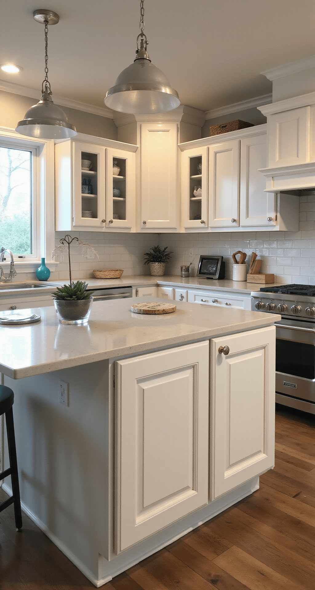 A warm, pre-sunset kitchen scene showcasing renovated cabinets with fresh white surfaces, quartz countertops, and a subway tile backsplash. The room is adorned with coastal-inspired decor, blue glass accents, and polished nickel hardware. The wide shot captures the full layout, including an island, under golden hour lighting with atmospheric haze.