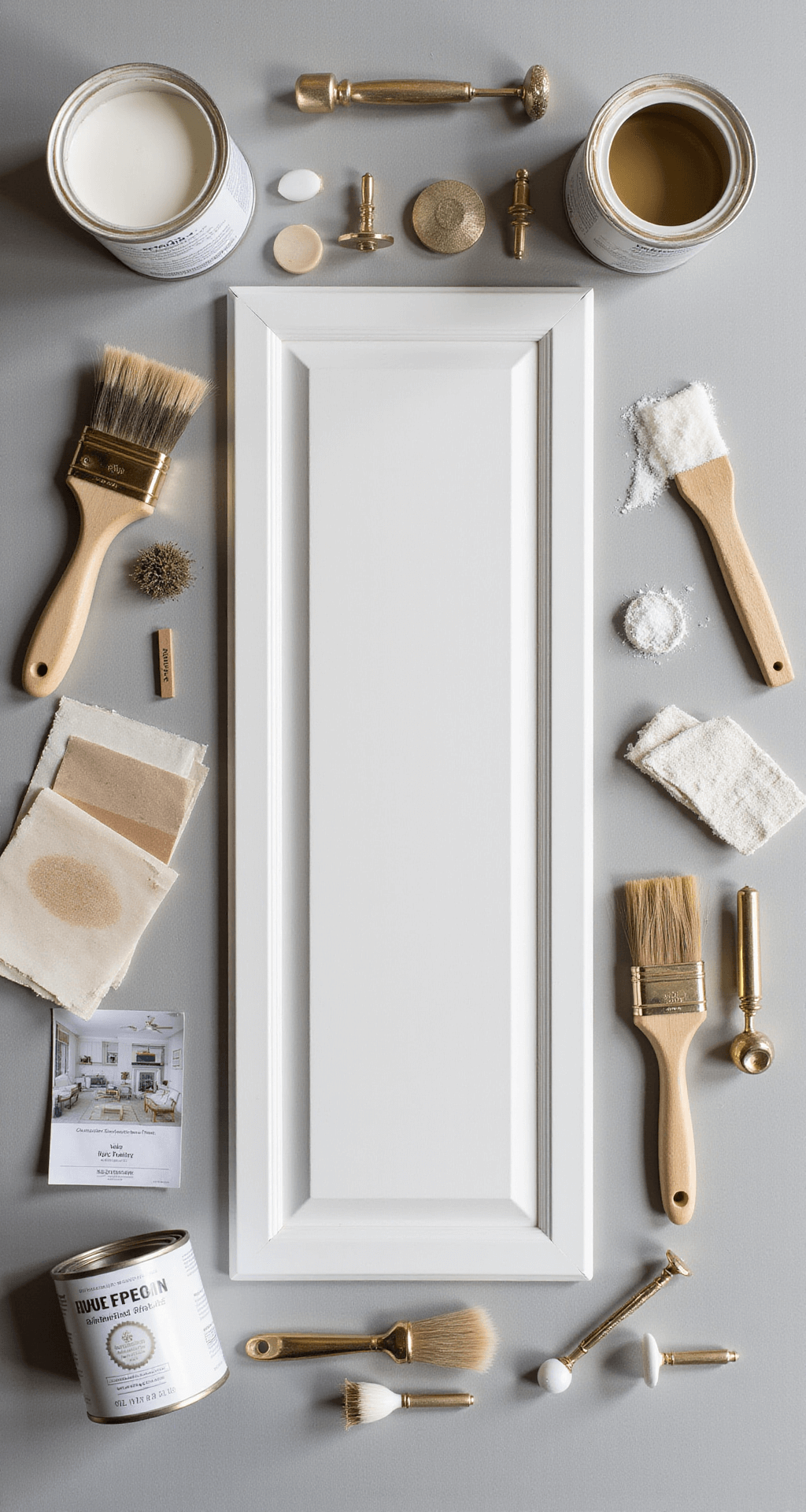 Overhead shot of cabinet makeover tools on grey background: paintbrushes, sandpaper, primer cans, hardware samples, decorative elements, inspiration photos, and swatches. Natural light creates soft shadows; colors feature whites, metallics, and wood tones.