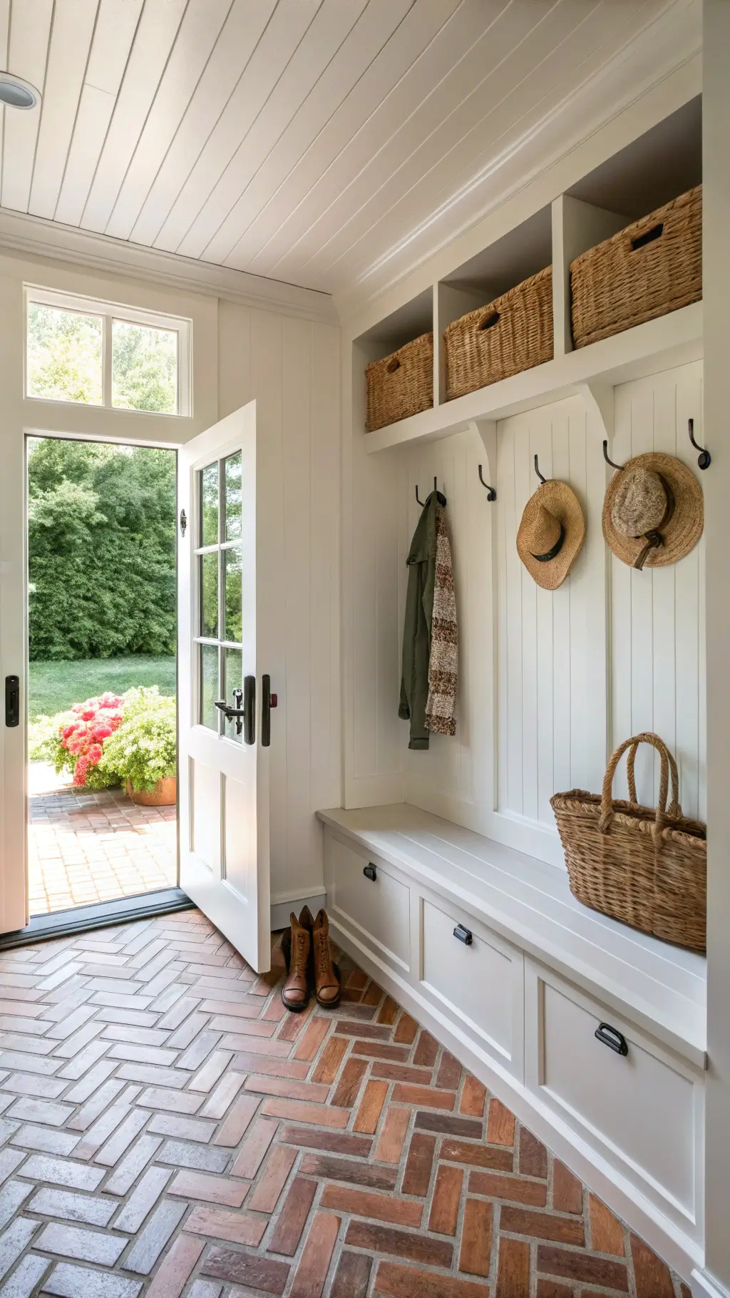 Cottage mudroom with warm white board-and-batten walls, featuring a custom built-in storage bench with beadboard backing. Vintage brass hooks hold straw hats and market baskets. The herringbone patterned reclaimed brick flooring adds charm. A Dutch door opens to a garden view with climbing roses, illuminated by natural morning light streaming through the door window.