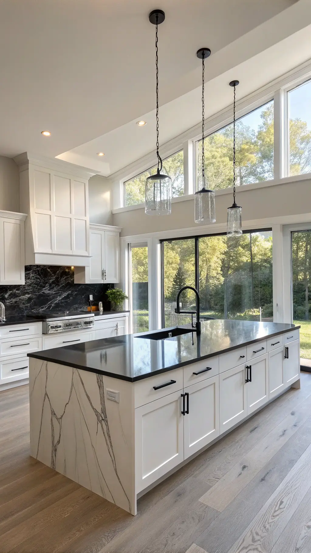 Modern luxury kitchen with white cabinets, black granite countertops, waterfall island, and floor-to-ceiling windows.