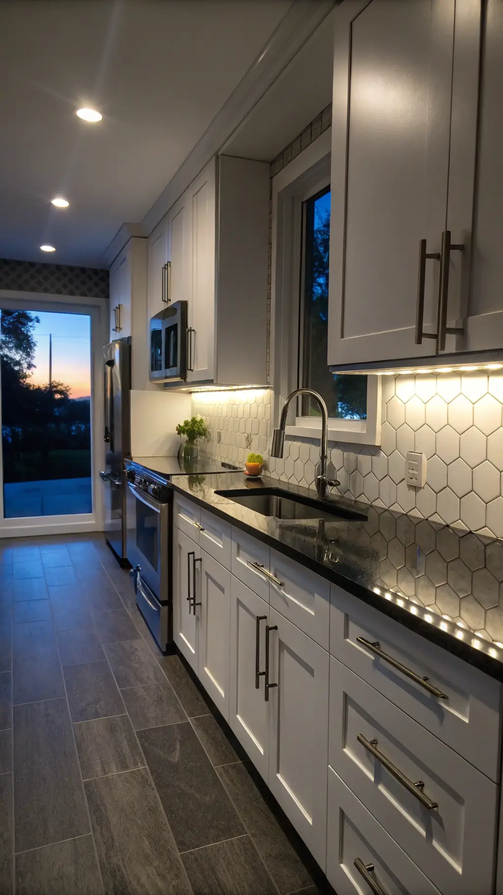 Intimate galley kitchen with glossy white cabinets, black quartz countertops, and dramatic LED lighting, featuring a geometric white hexagon backsplash and stainless appliances.