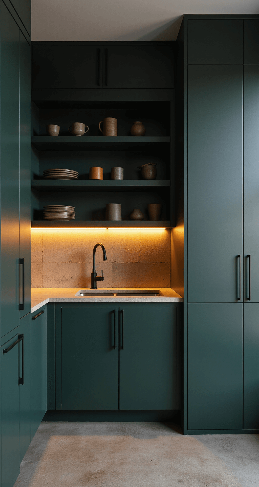 A cozy contemporary kitchen with matte forest green flat-panel cabinets and minimalist black hardware, illuminated by golden hour light. Hidden LED lights under floating shelves enhance the ceramics display. Concrete countertops and geometric backsplash add industrial texture. The photo captures a seamless flow from a corner angle, emphasizing the room's vertical lines with moody lighting and a wide-angle lens.