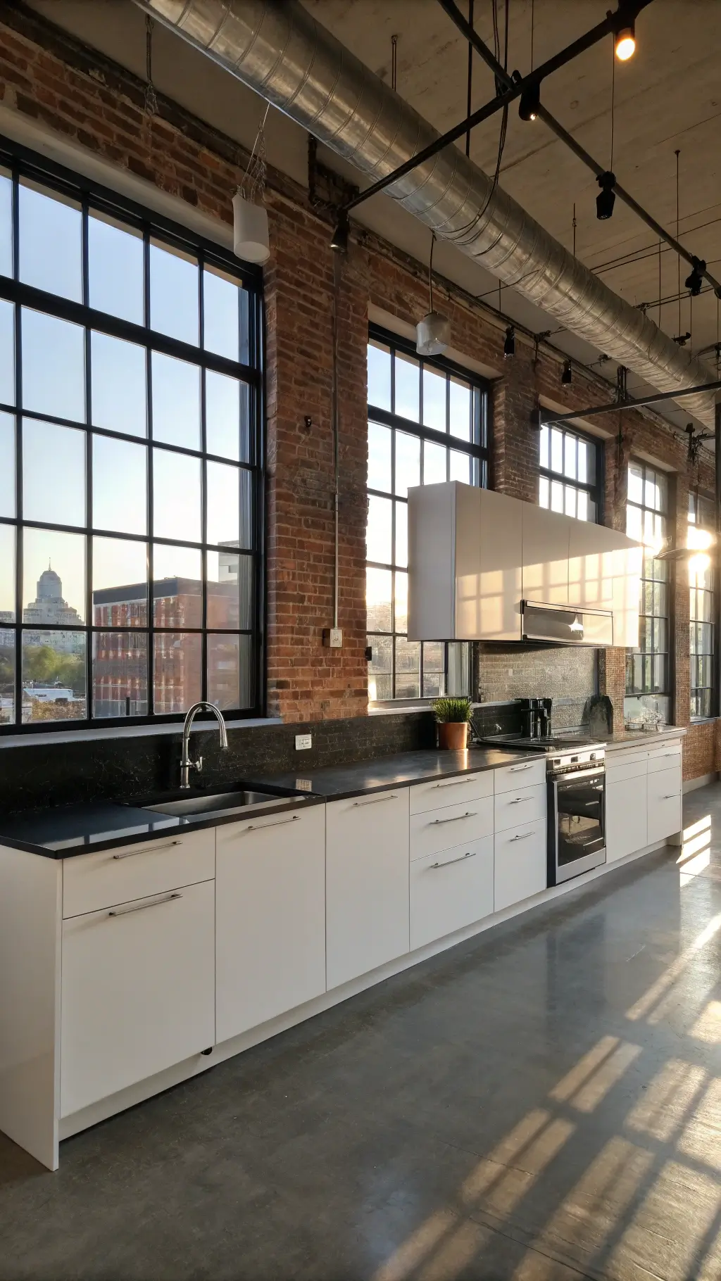 A modern urban loft kitchen with industrial windows, high-gloss white cabinets, black granite counters, blackened steel shelving, concrete floors, exposed brick walls, and modern track lighting, captured in a dramatic angle highlighting architectural details.