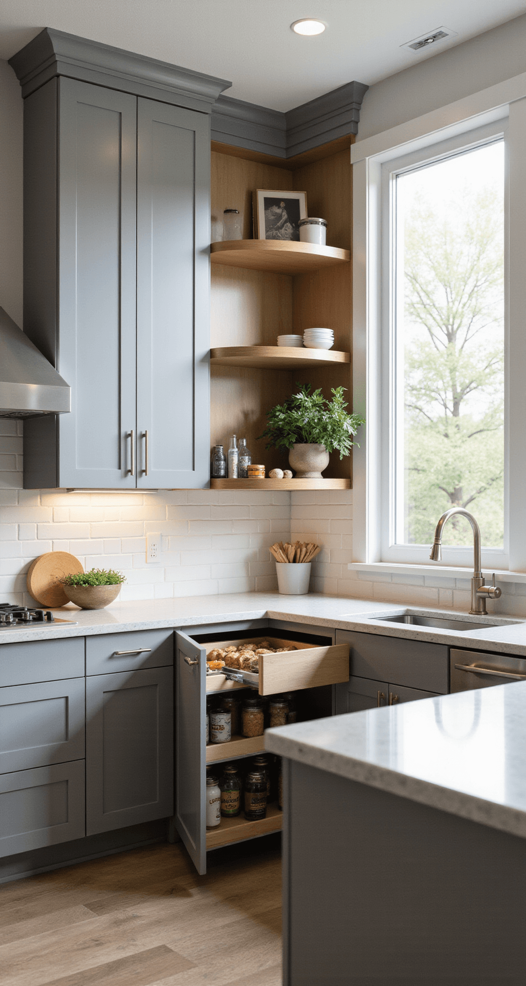 Elevated view of a 12x14ft modern kitchen with soft gray touch-latch cabinets and innovative corner carousel systems, highlighted by morning light. Stainless steel accents and quartz countertops enhance the elegant aesthetics.