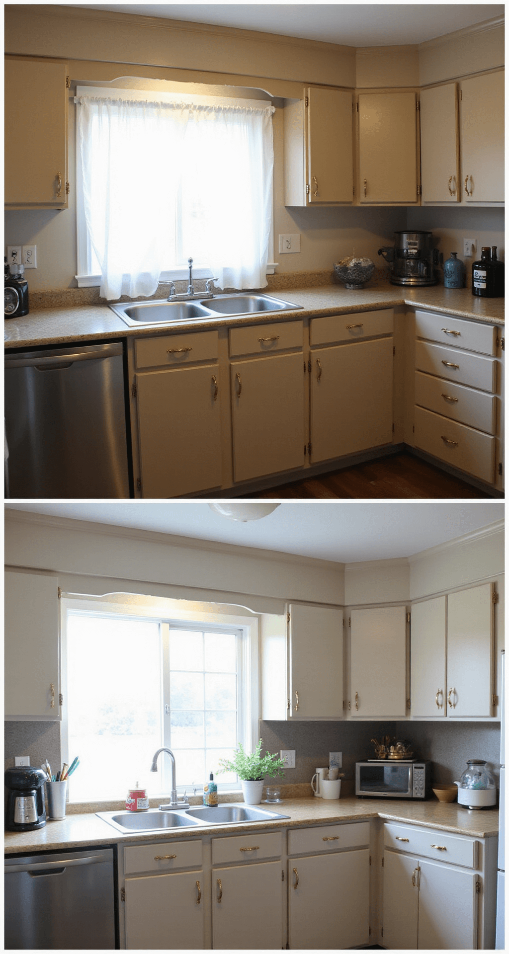 Before and after images of a budget-friendly 10x12ft kitchen transformation with DIY painted cabinets in warm greige, enhanced by new gold hardware and afternoon light through café curtains. Removable wallpaper adds pattern to the cabinet interiors, captured in natural light for true color accuracy.