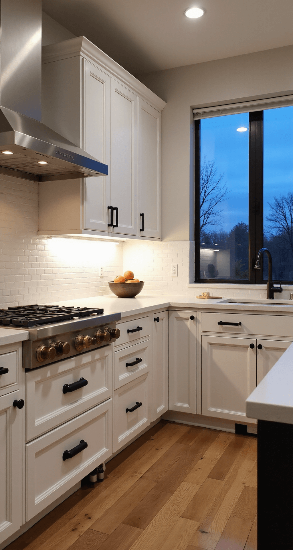 A sophisticated kitchen with white cabinets featuring mixed metal hardware, illuminated by layered lighting including under-cabinet LEDs, pendant lights, and recessed spots, highlighting vintage brass pulls and modern matte black handles during blue hour. HDR techniques enhance metallic reflections.