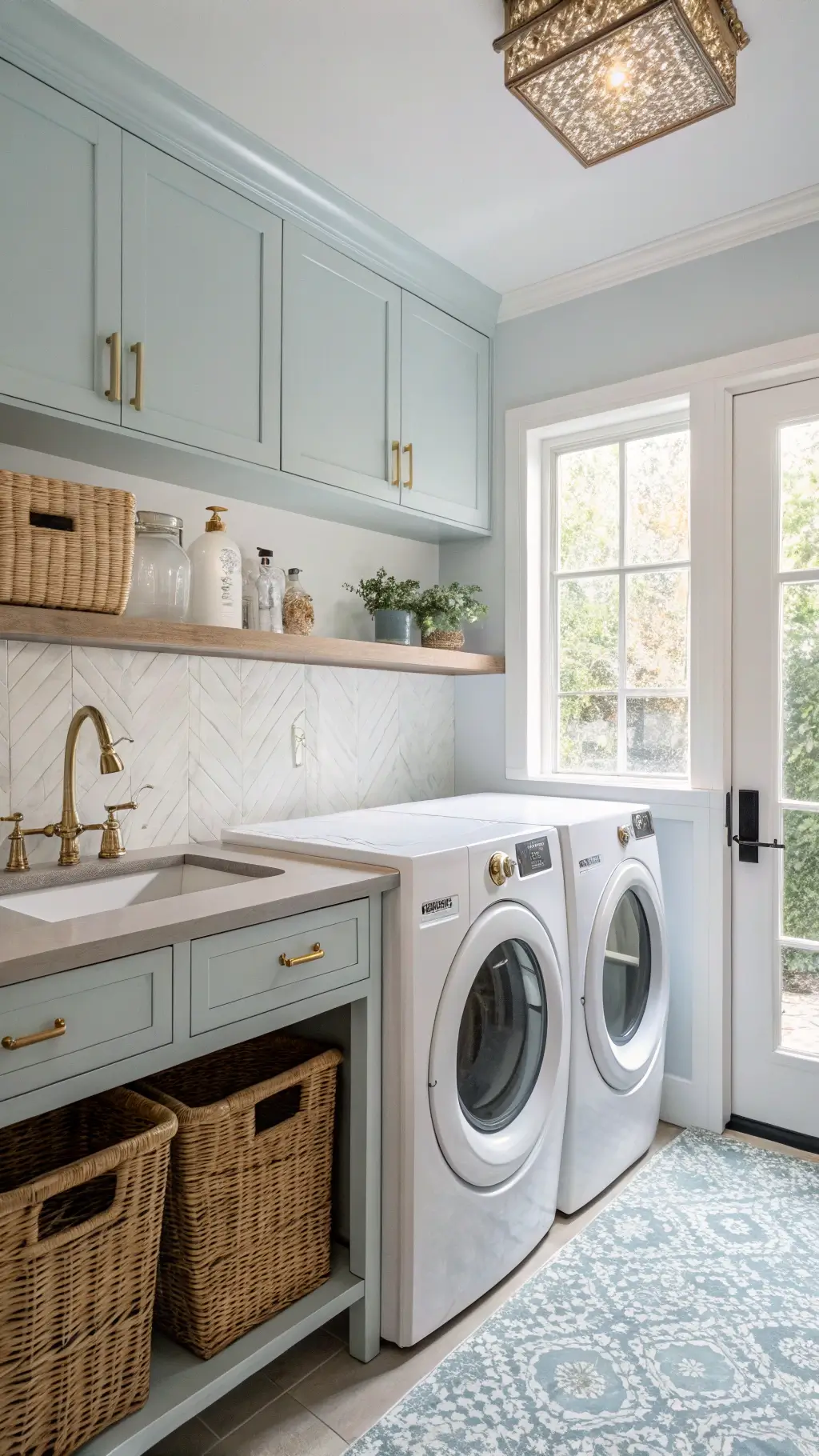 A modern laundry room with morning light through a frosted window, featuring white front-loading washer and dryer under a quartz countertop, painted in light blue, with seagrass baskets on wooden shelves and brass-accented glass dispensers.